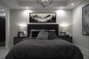 Black And Beige Watercolor Foggy Mountain Forest Long Horizontal Wall Art