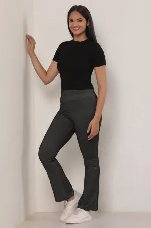Black Solid Cotton Blend Flarred Pants