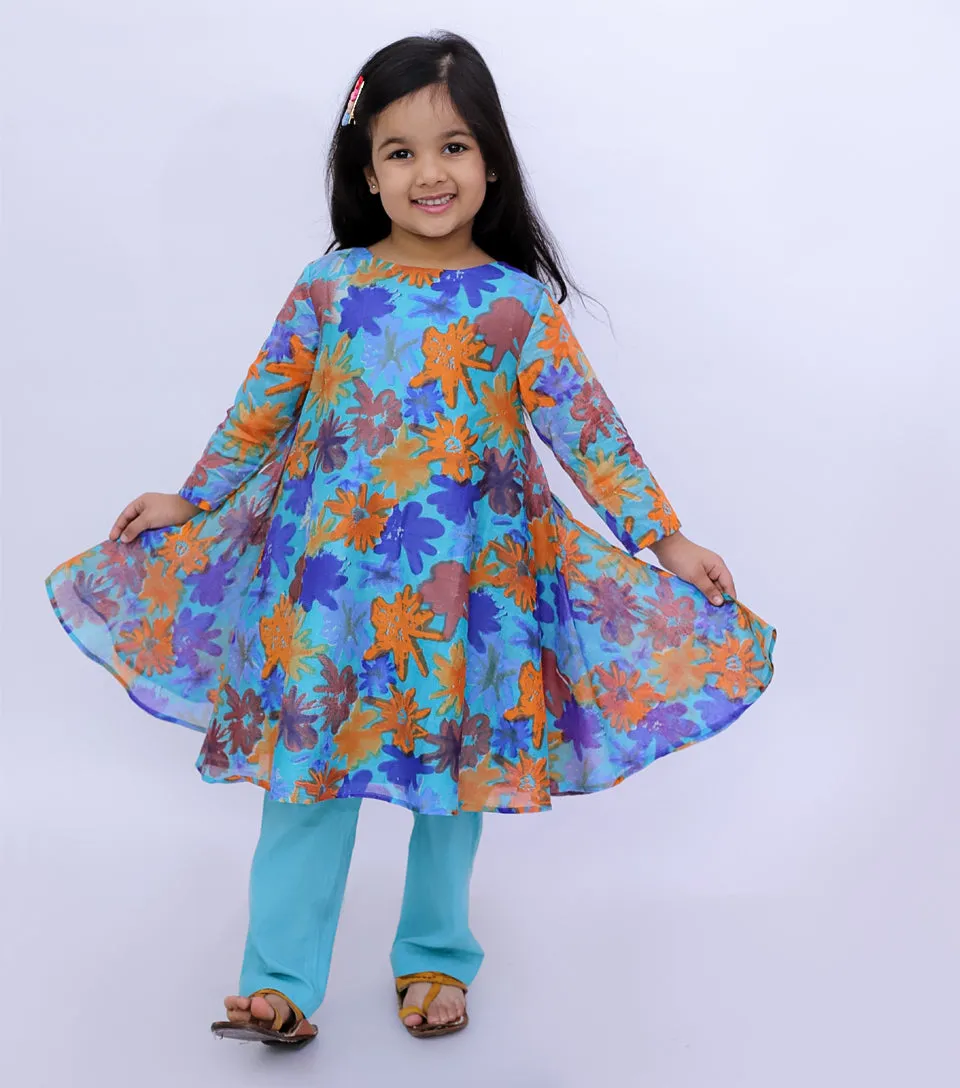 Blossom Bliss Floral Fantasy Cotton Kurta Set for Girls