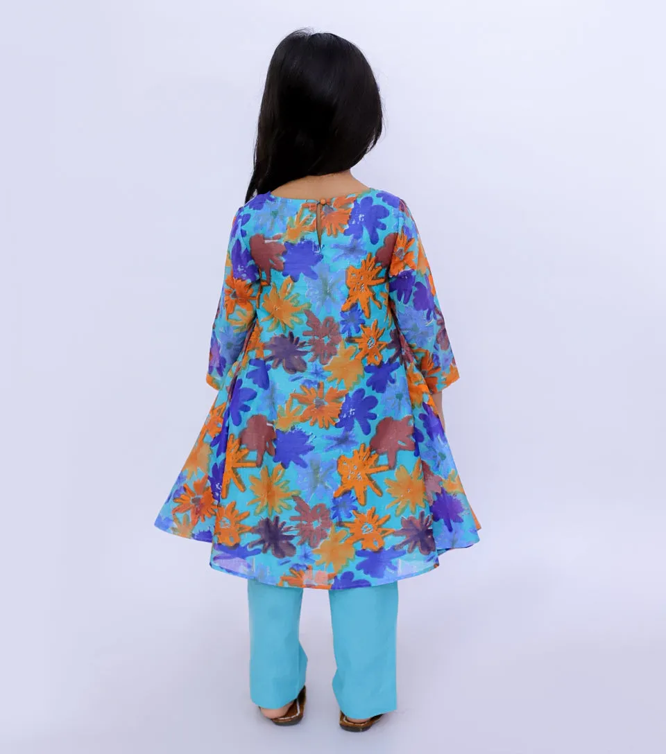 Blossom Bliss Floral Fantasy Cotton Kurta Set for Girls