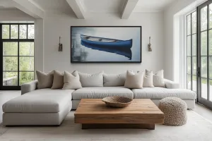 Blue Canoe In The Lake Framed Canvas Wall Art For Lake House Decor