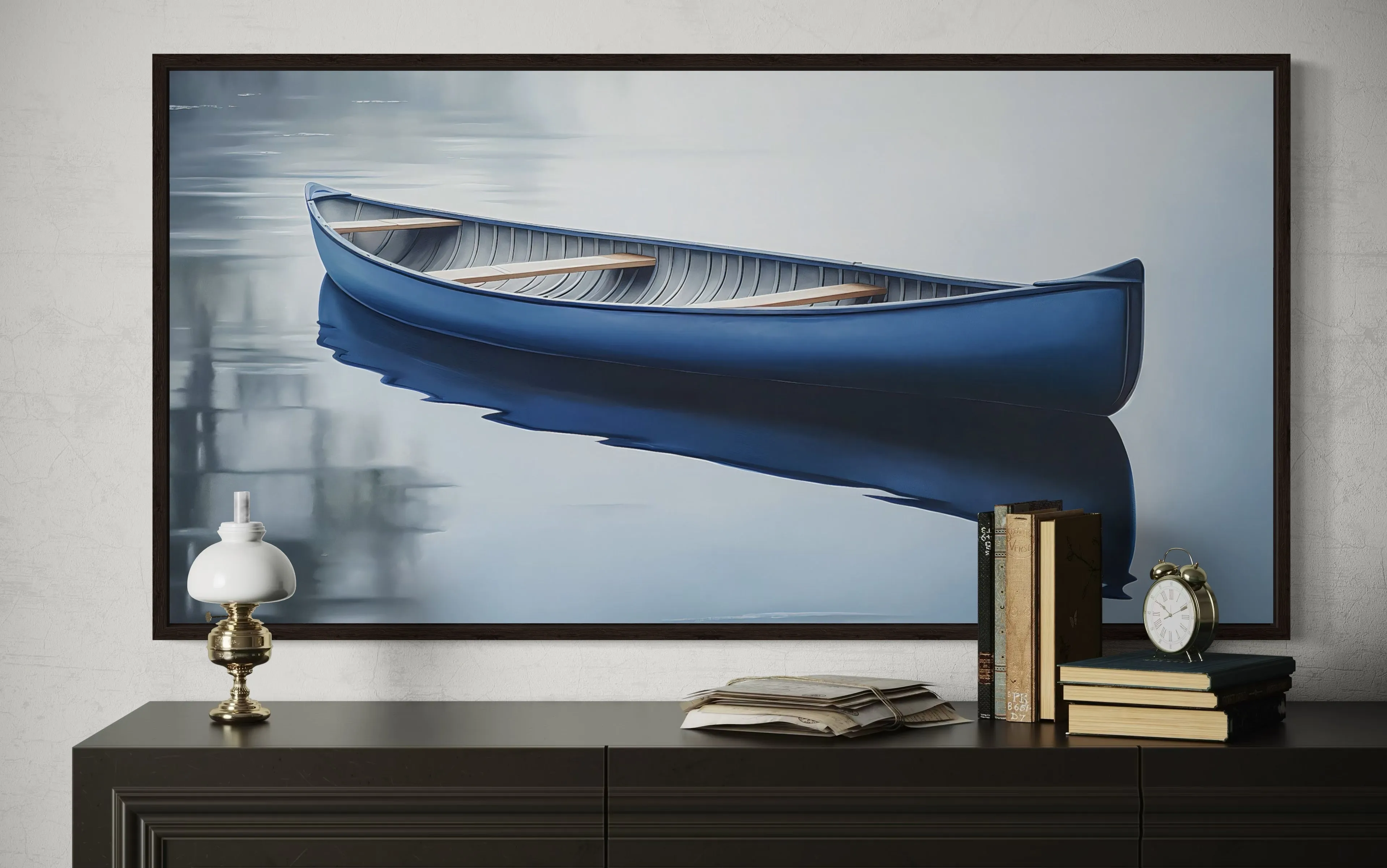 Blue Canoe In The Lake Framed Canvas Wall Art For Lake House Decor