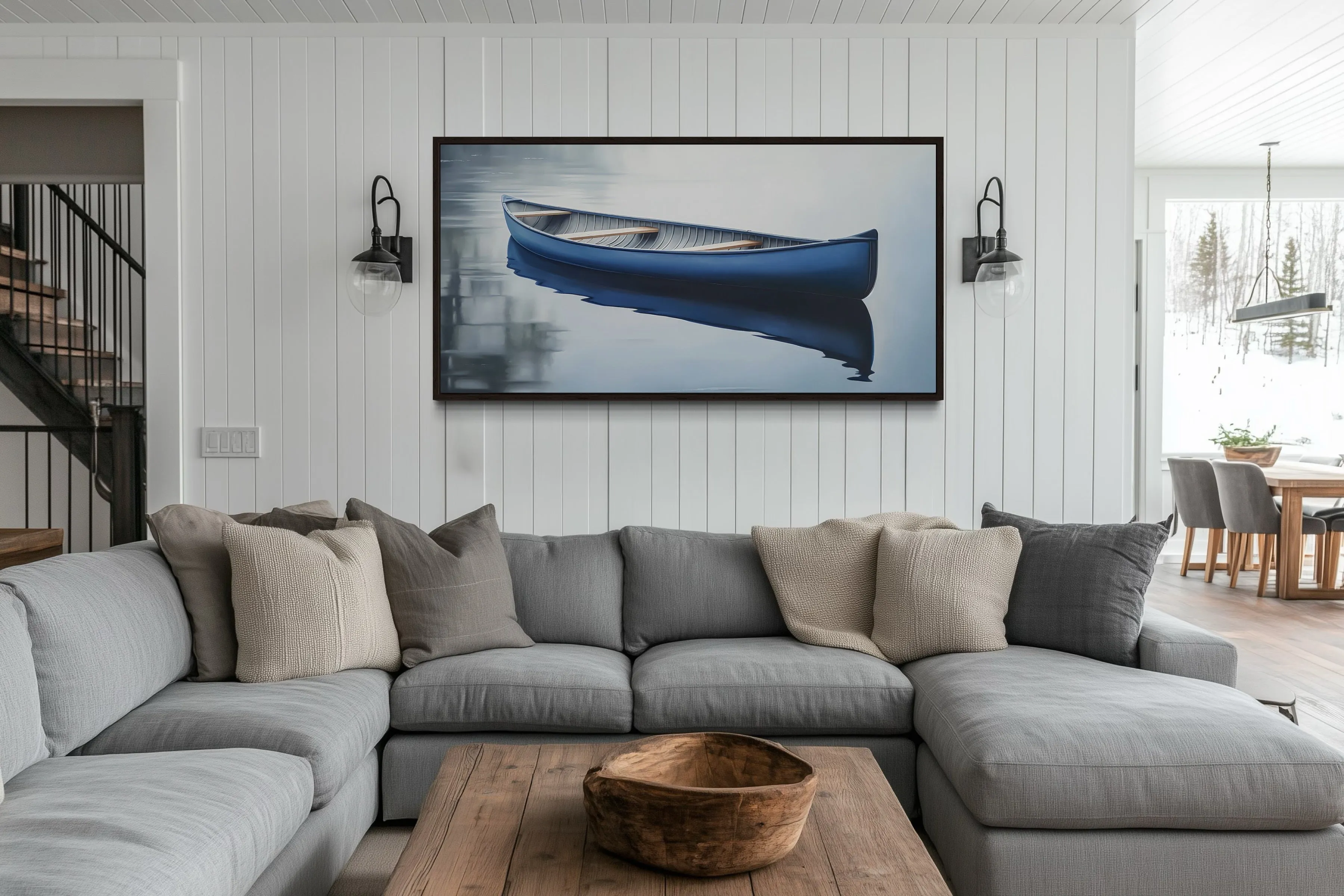 Blue Canoe In The Lake Framed Canvas Wall Art For Lake House Decor