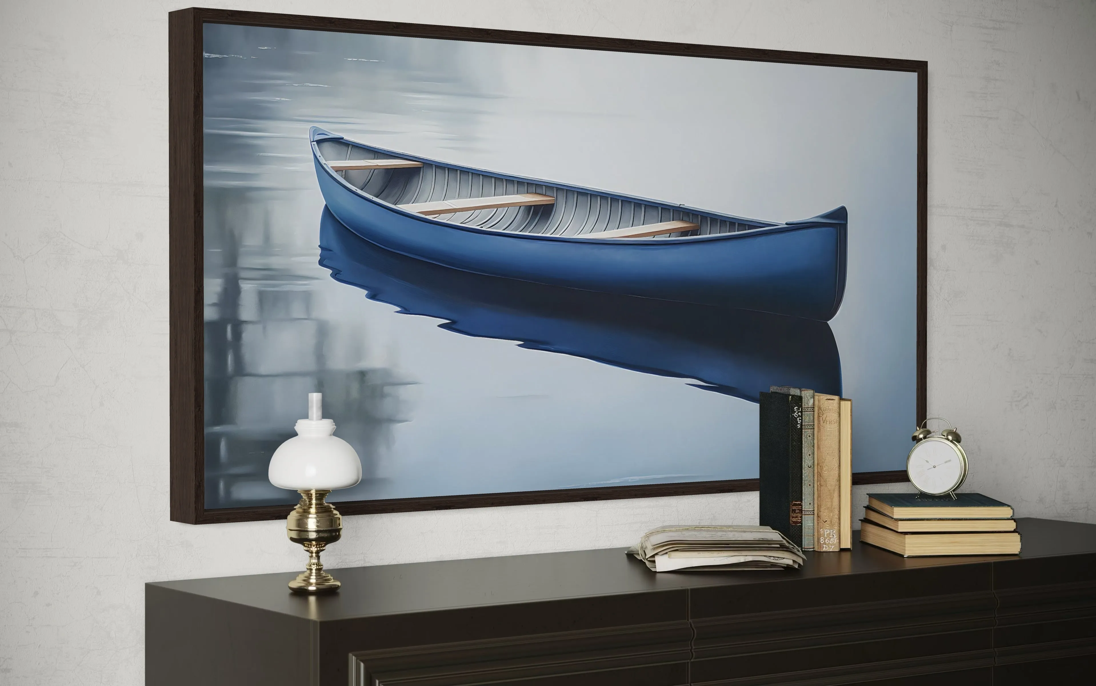 Blue Canoe In The Lake Framed Canvas Wall Art For Lake House Decor