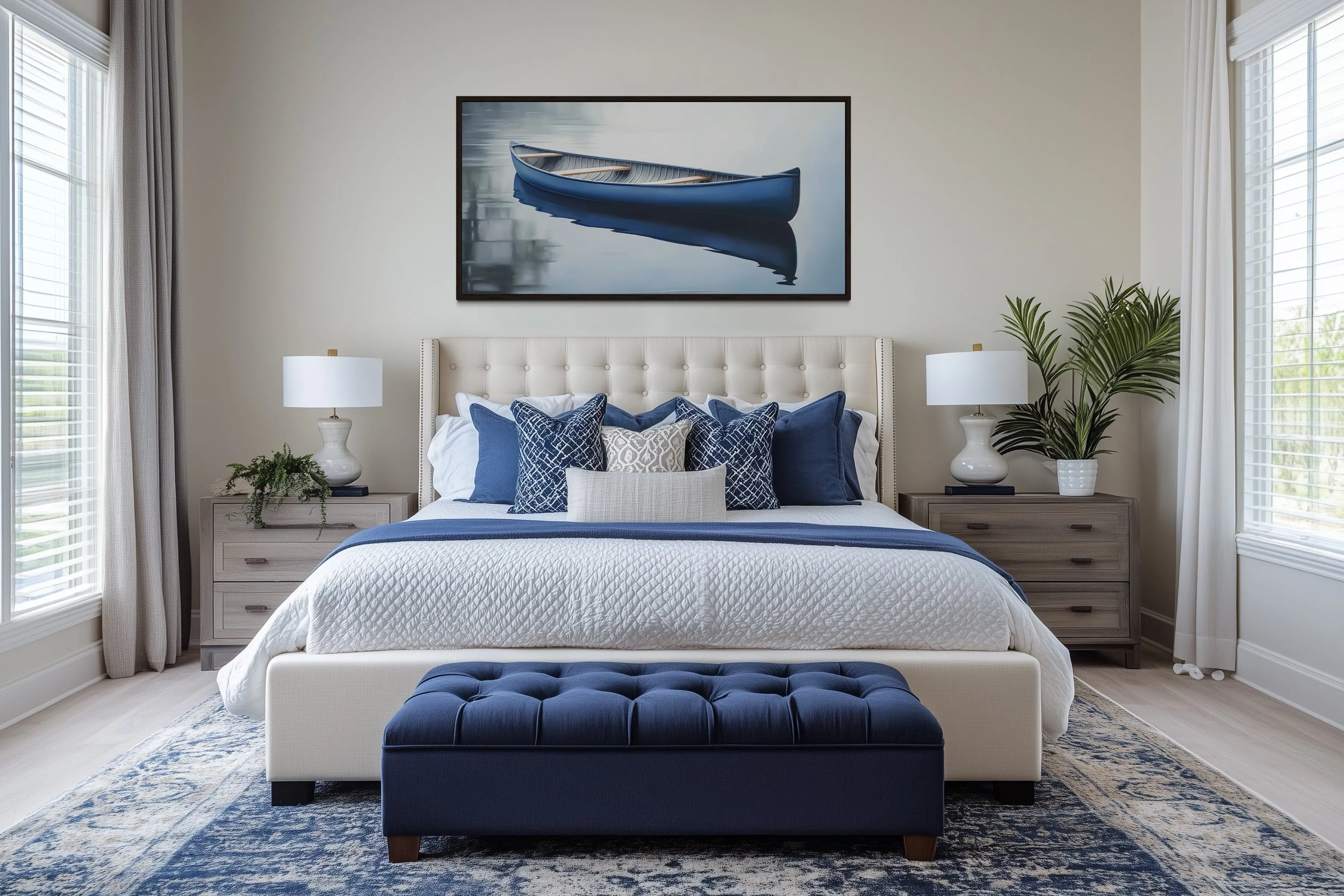Blue Canoe In The Lake Framed Canvas Wall Art For Lake House Decor