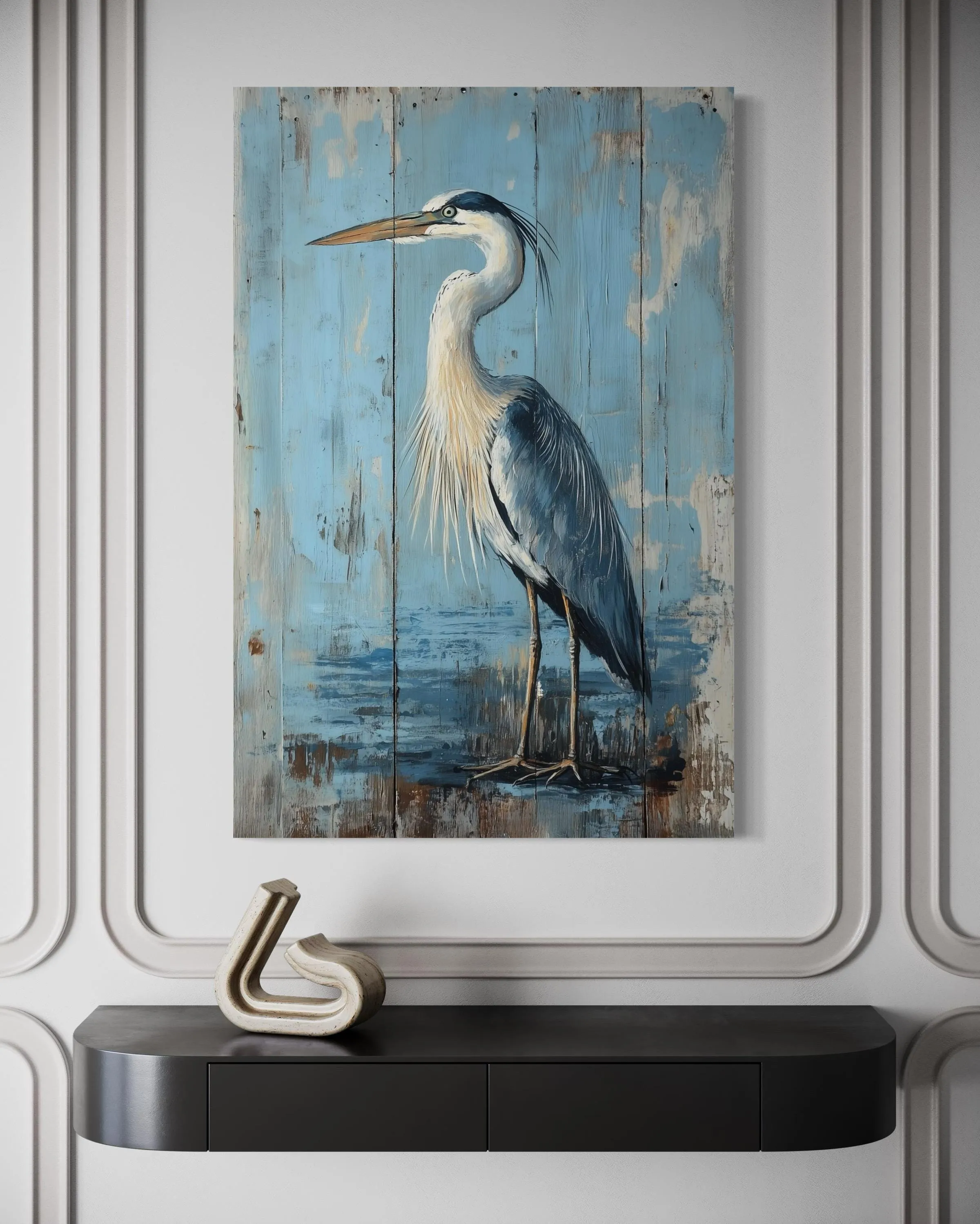 Blue Heron Painting On Wood Rustic Canvas Wall Art
