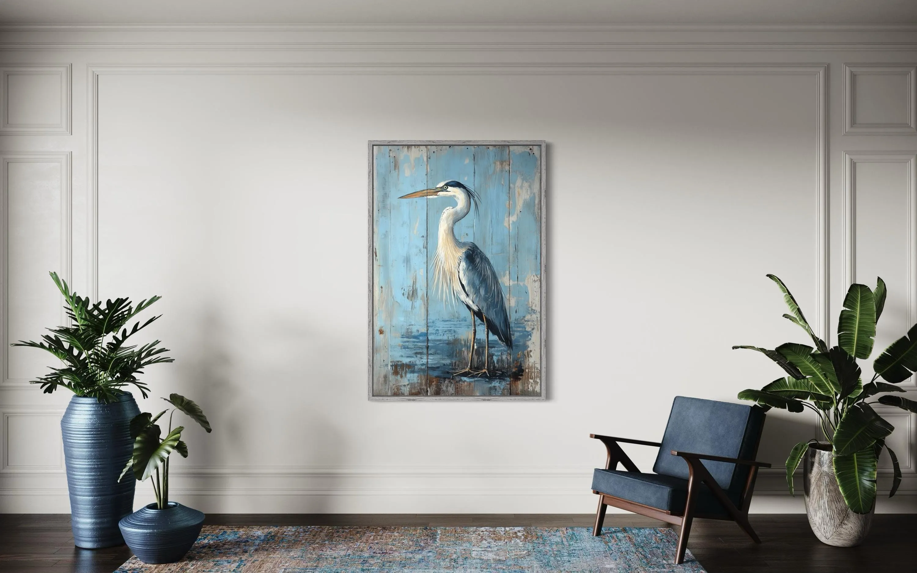 Blue Heron Painting On Wood Rustic Canvas Wall Art