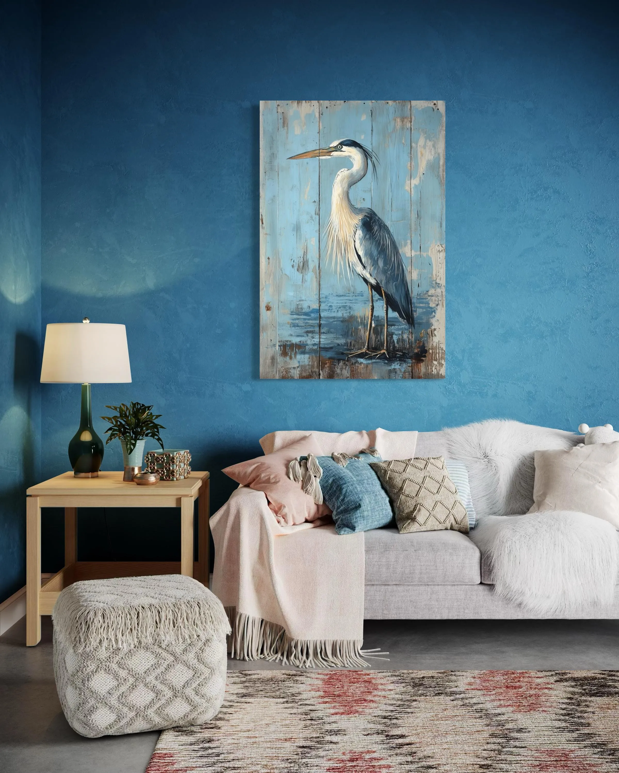 Blue Heron Painting On Wood Rustic Canvas Wall Art