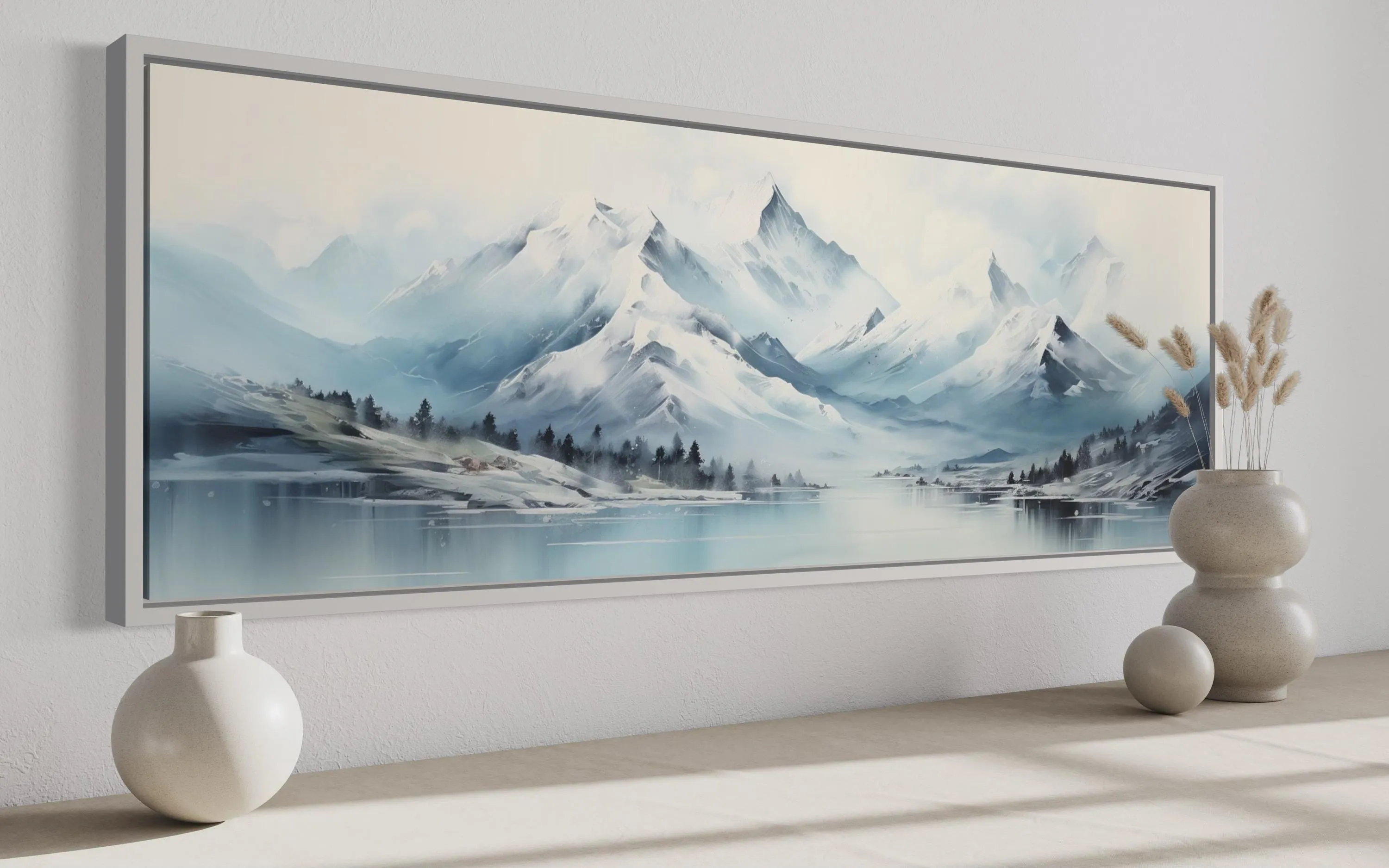 Blue Minimalist Mountains Long Horizontal Canvas Wall Art