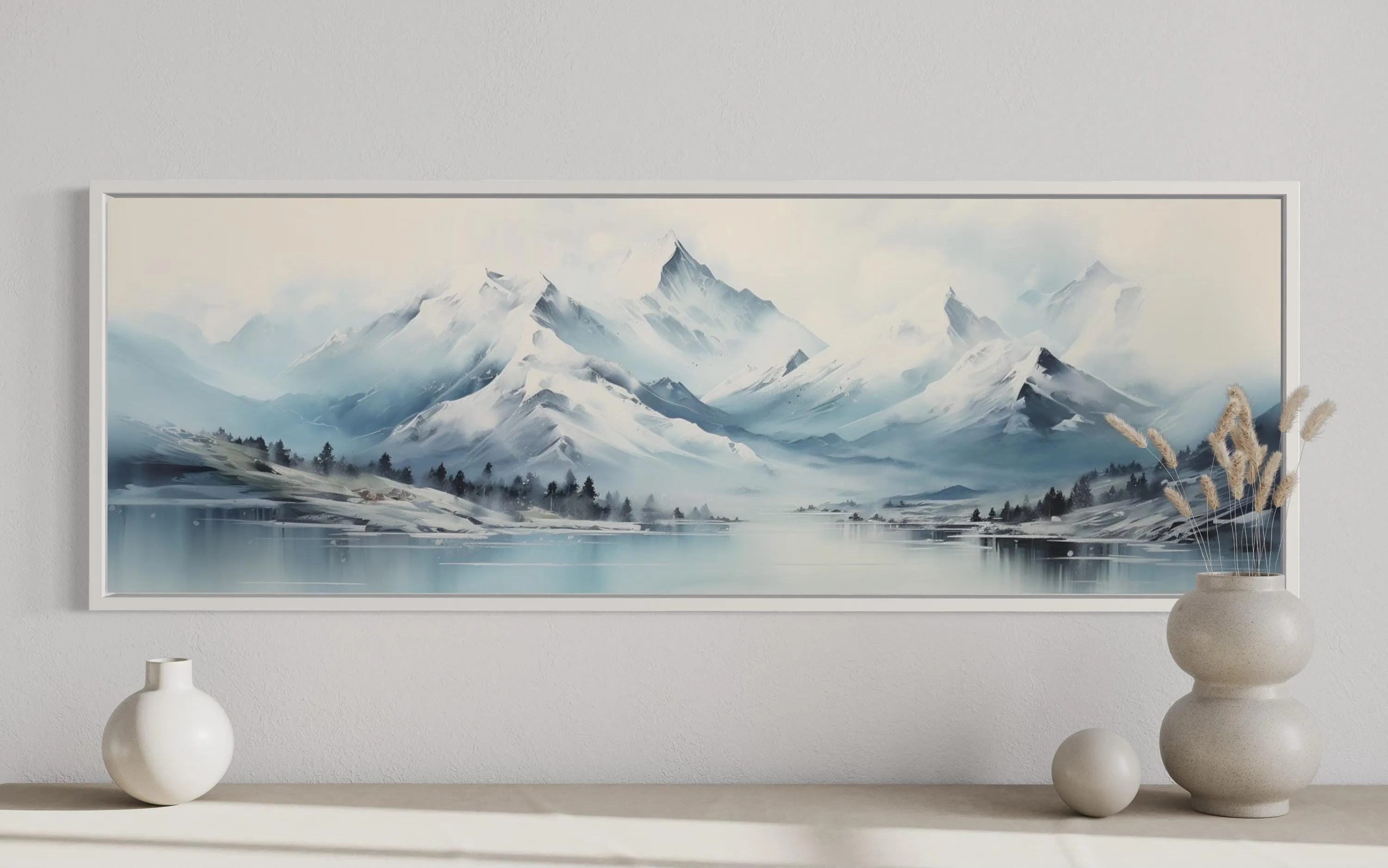 Blue Minimalist Mountains Long Horizontal Canvas Wall Art
