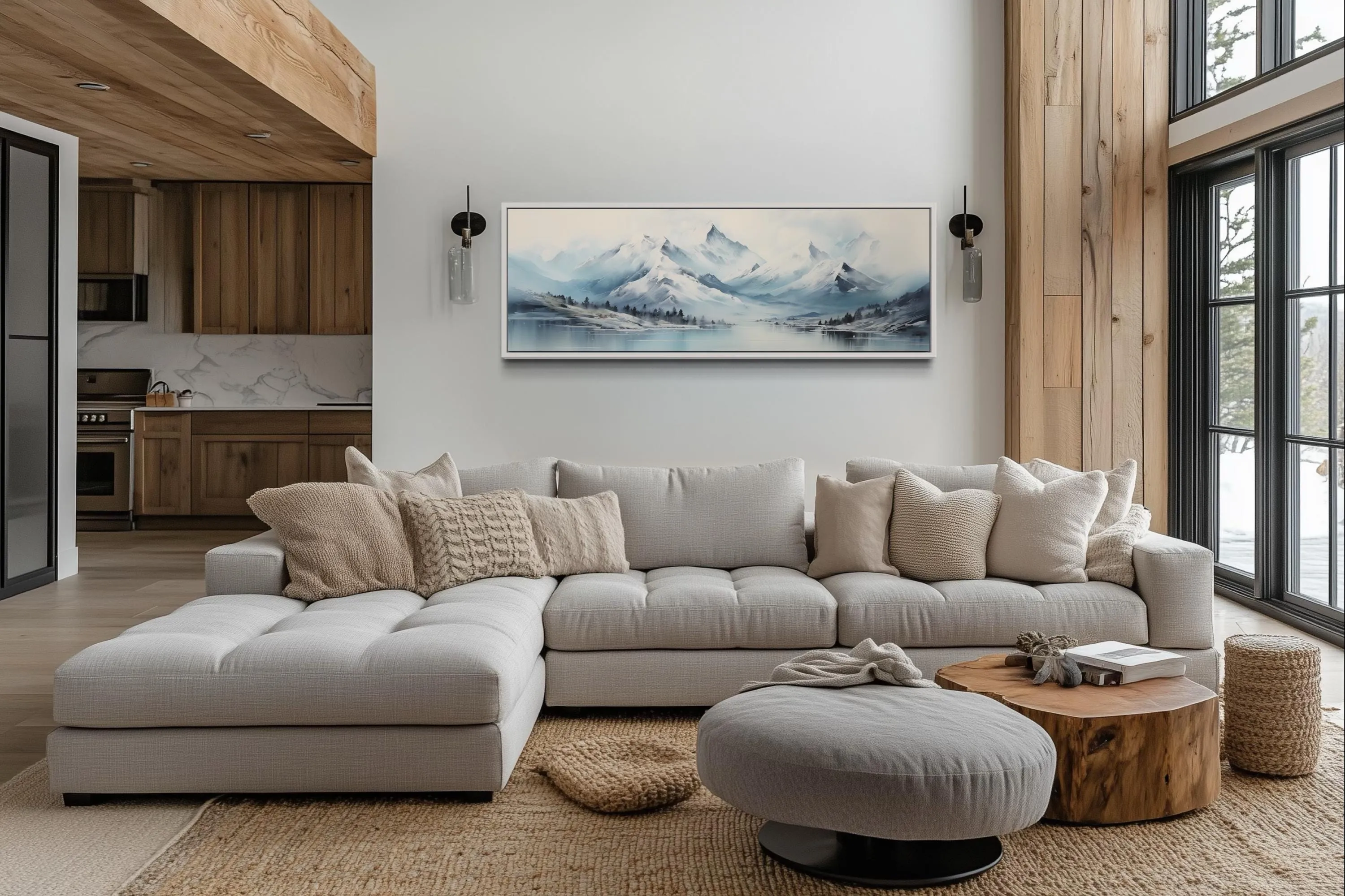 Blue Minimalist Mountains Long Horizontal Canvas Wall Art