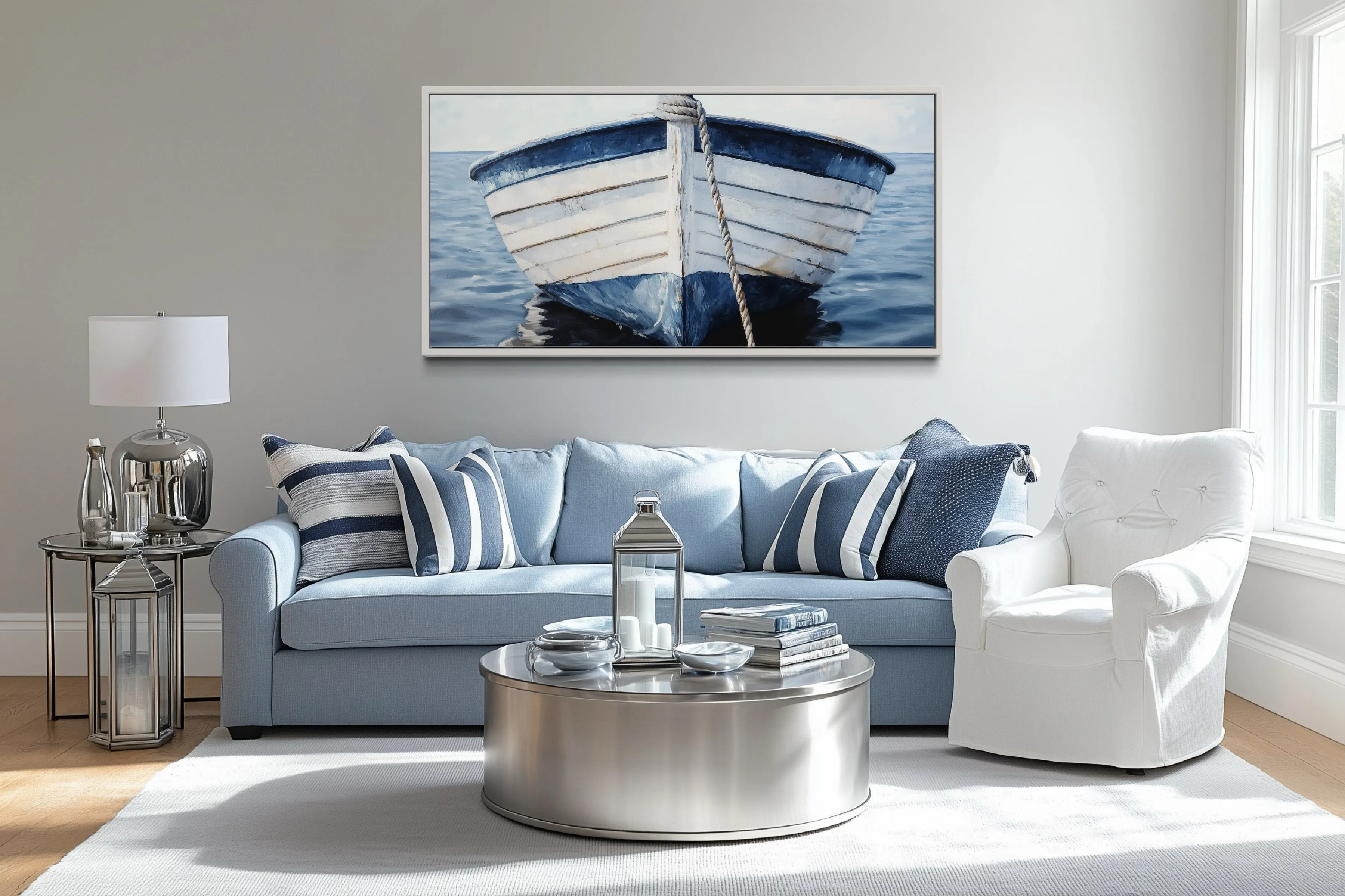 Blue White Rustic Boat Close Up Wall Art