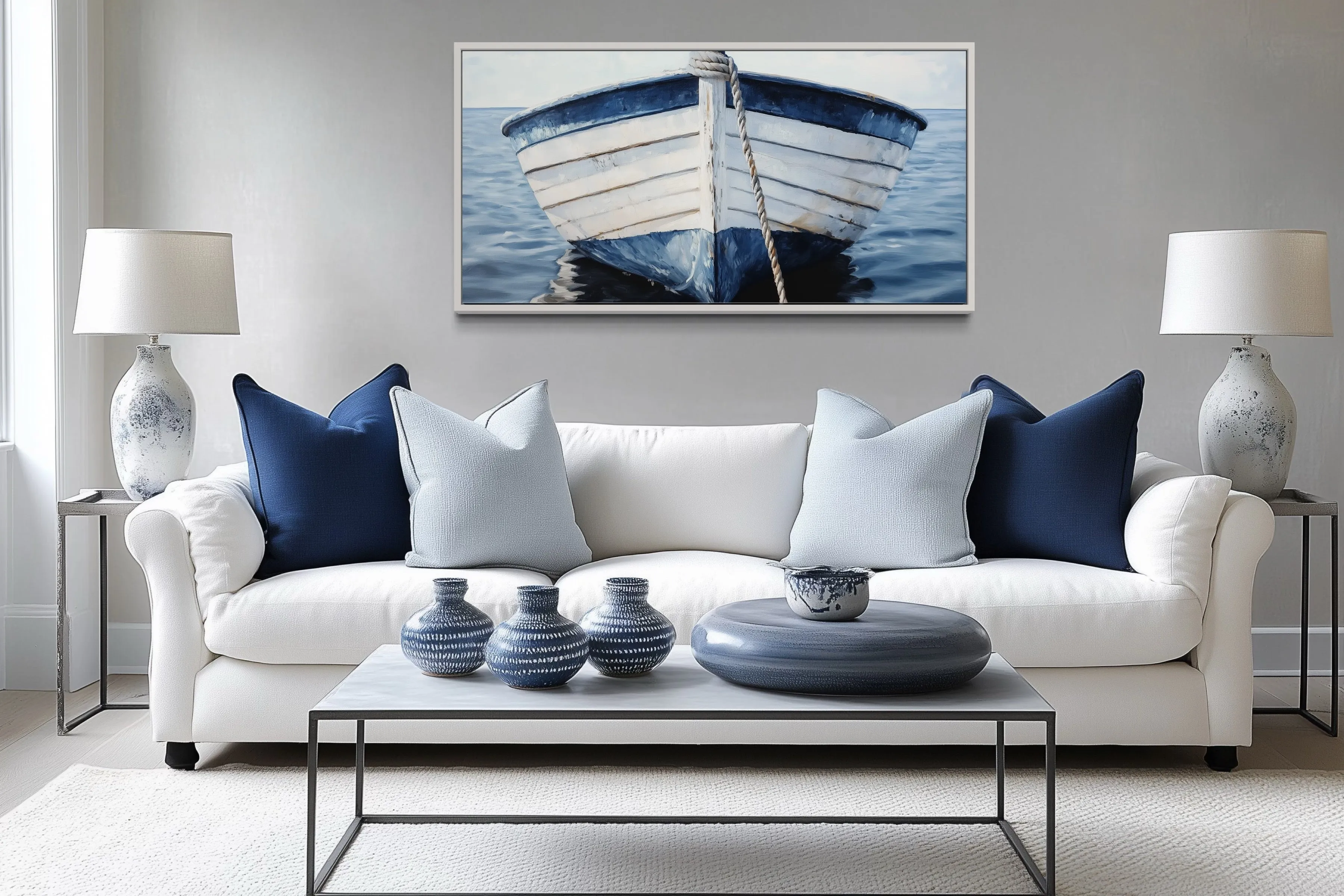 Blue White Rustic Boat Close Up Wall Art