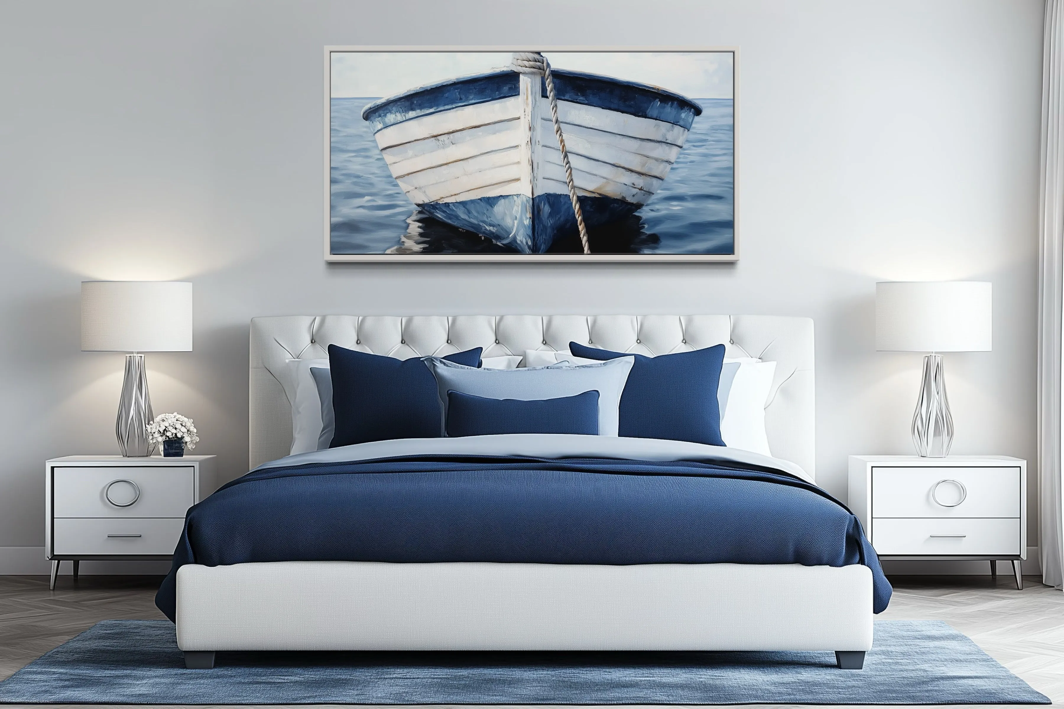 Blue White Rustic Boat Close Up Wall Art