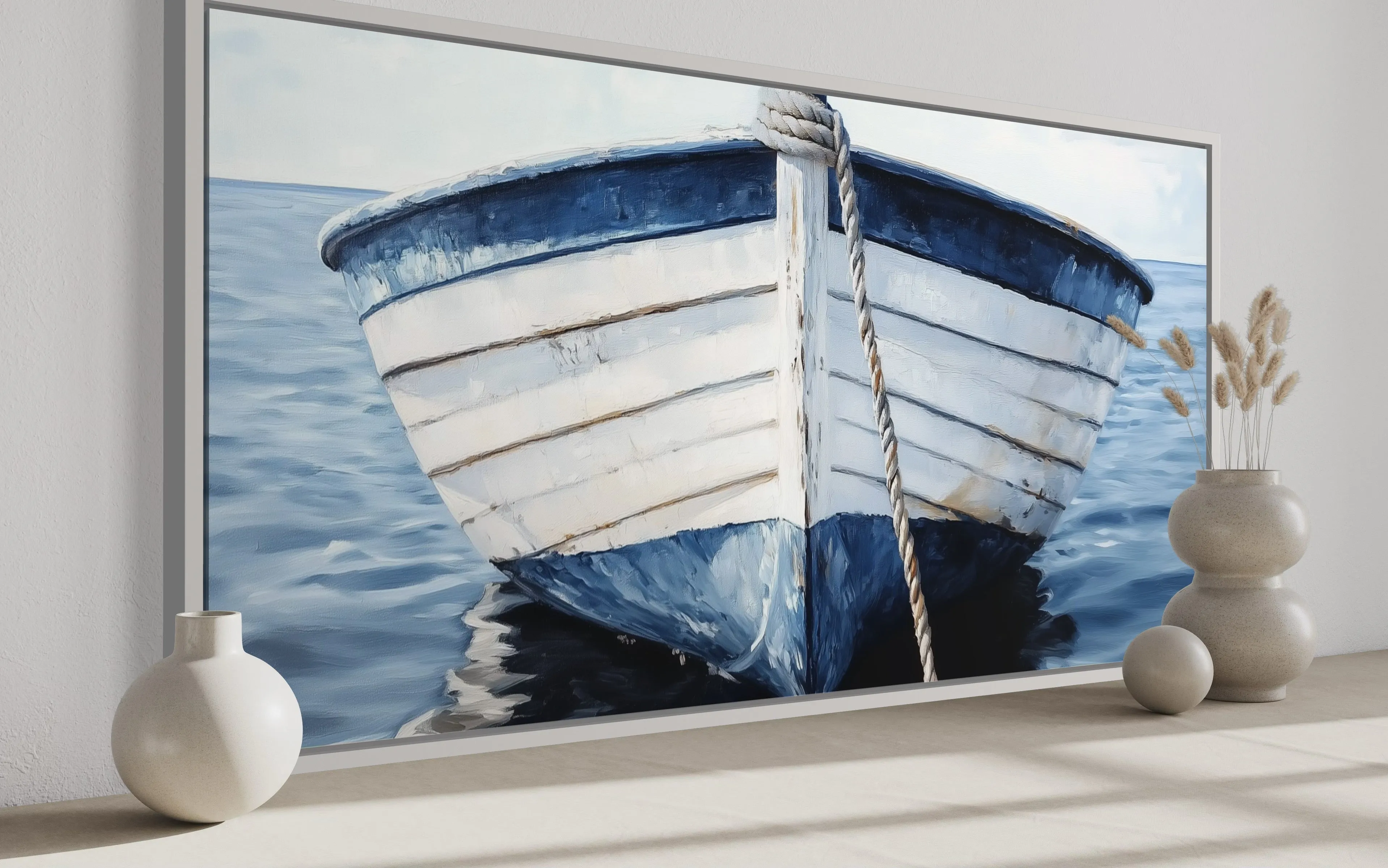 Blue White Rustic Boat Close Up Wall Art