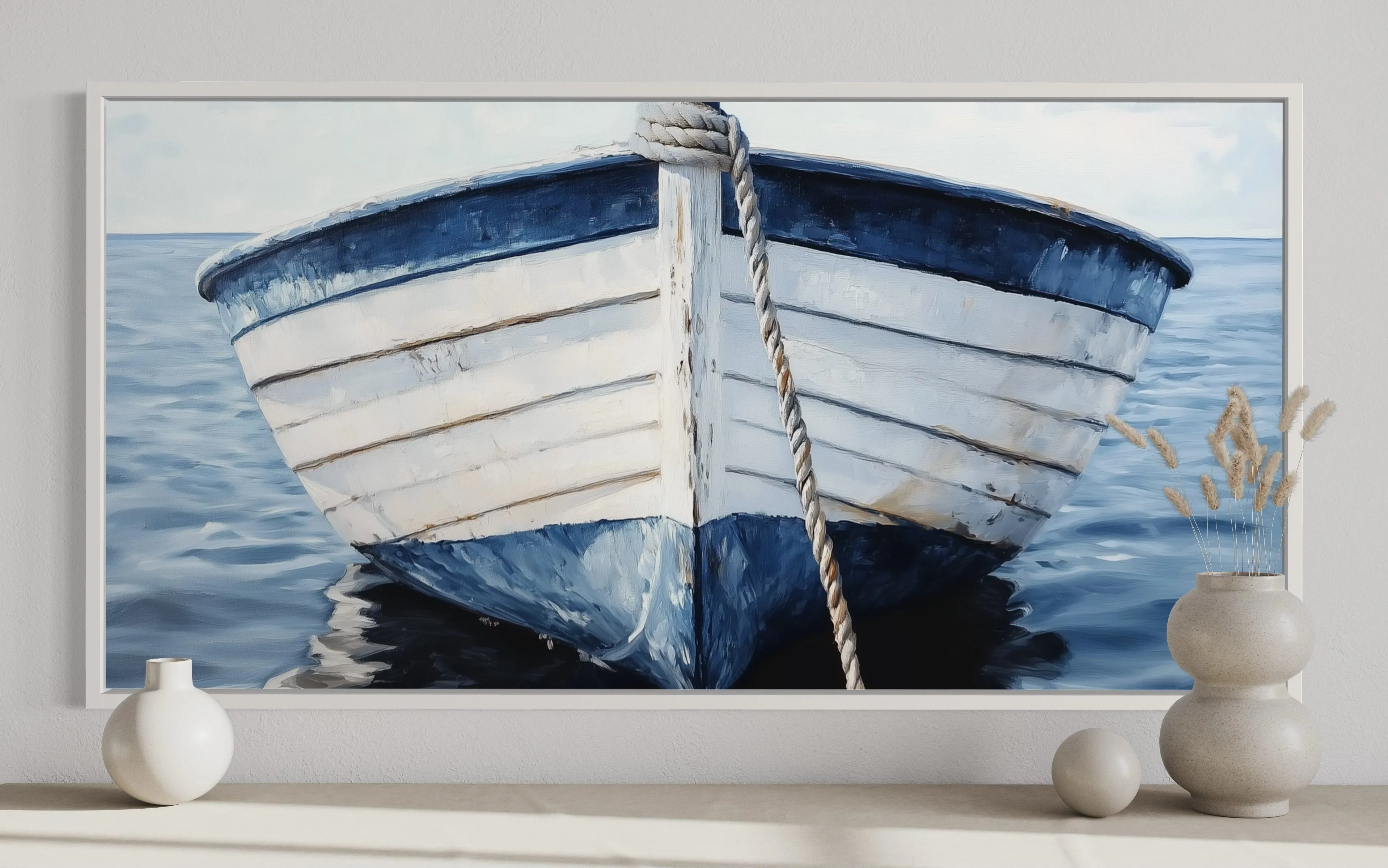 Blue White Rustic Boat Close Up Wall Art