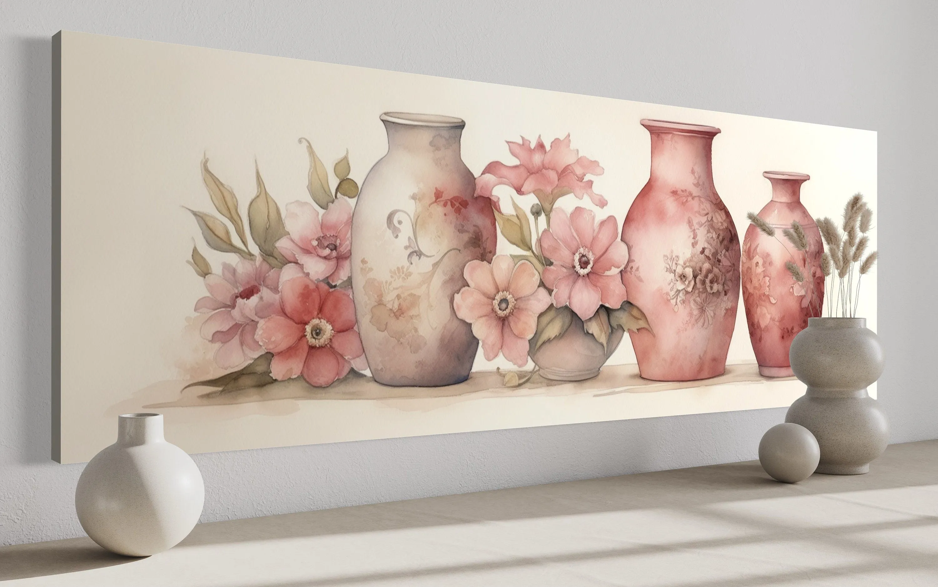 Blush Pink Sage Green Long Horizontal Floral Vases Framed Canvas Wall Art