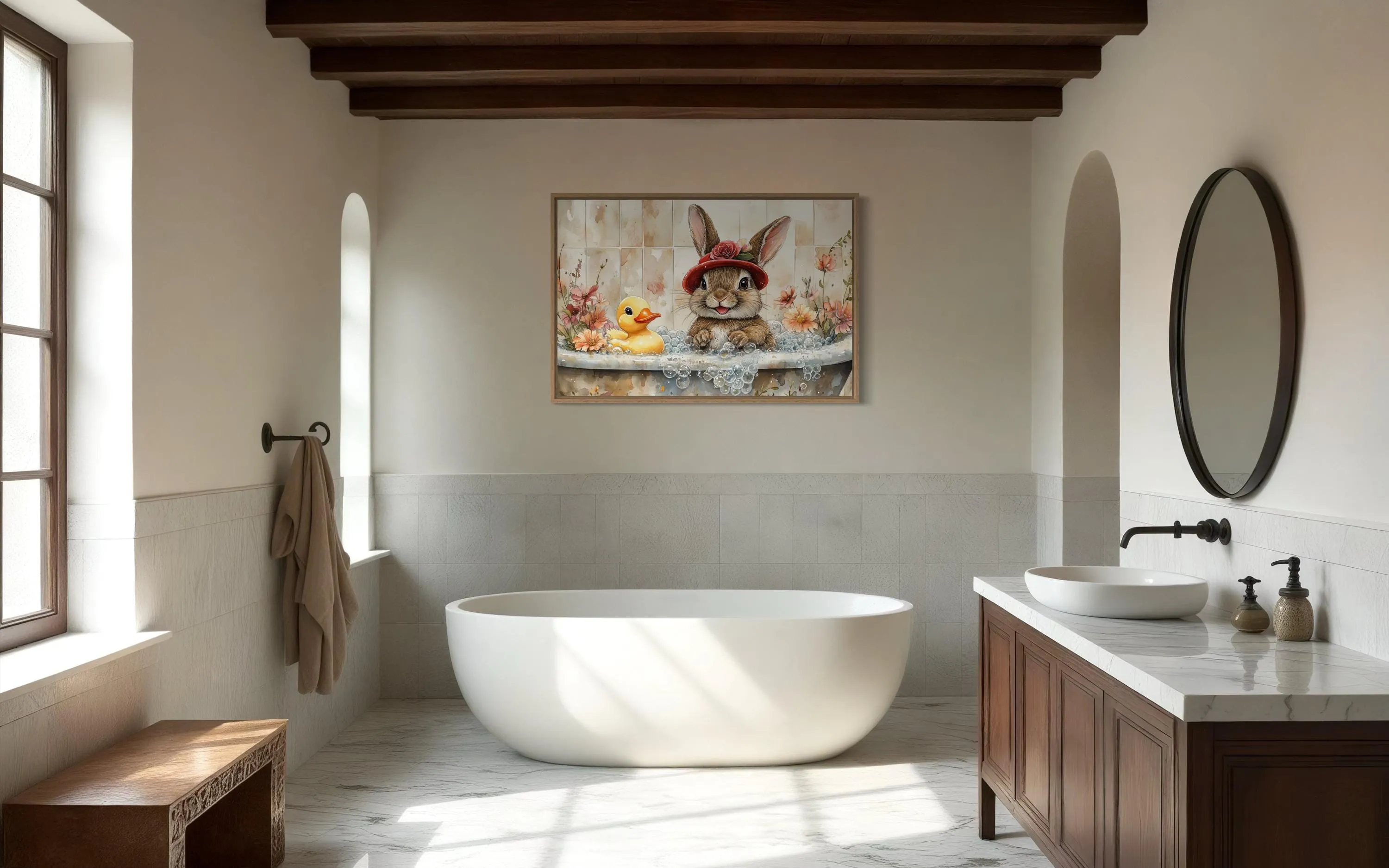 Bunny In Bathtub Framed Canvas Wall Art
