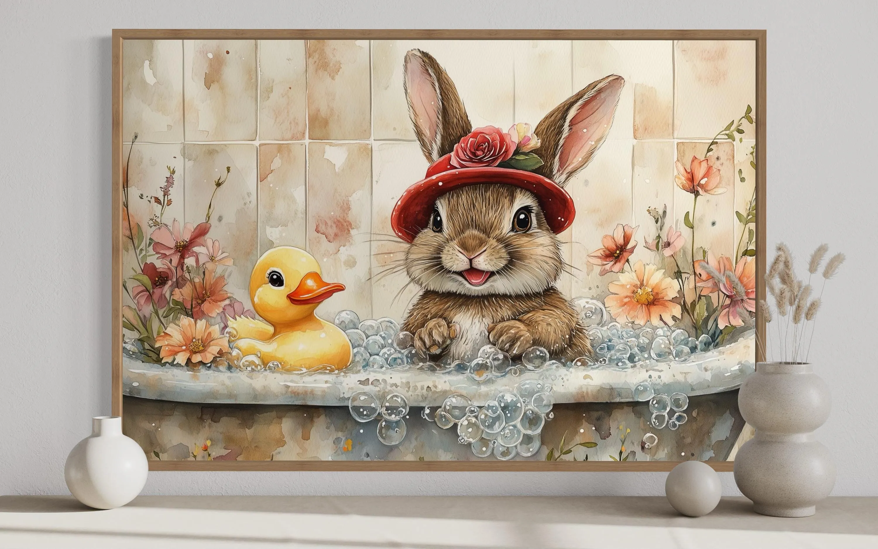 Bunny In Bathtub Framed Canvas Wall Art