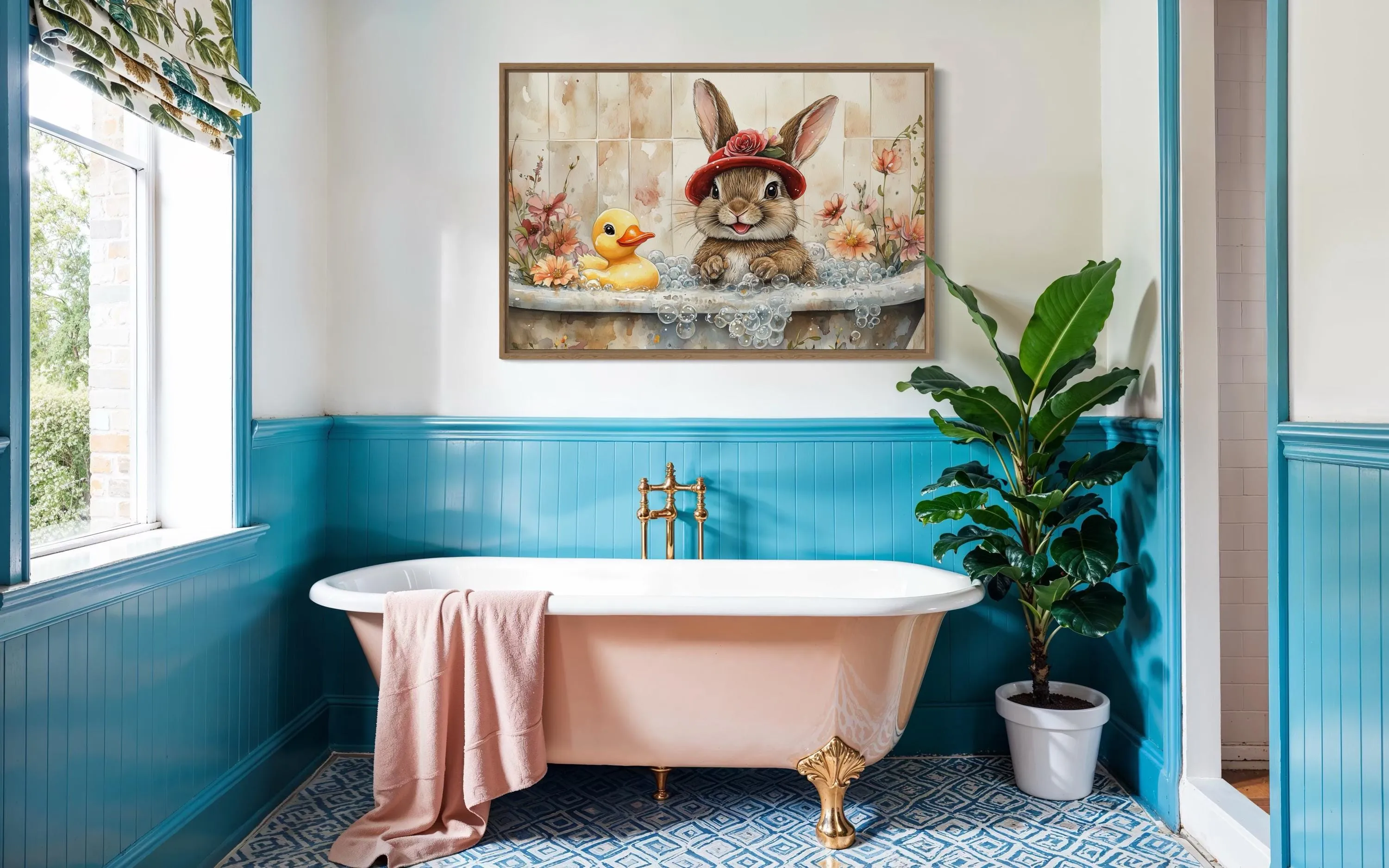 Bunny In Bathtub Framed Canvas Wall Art