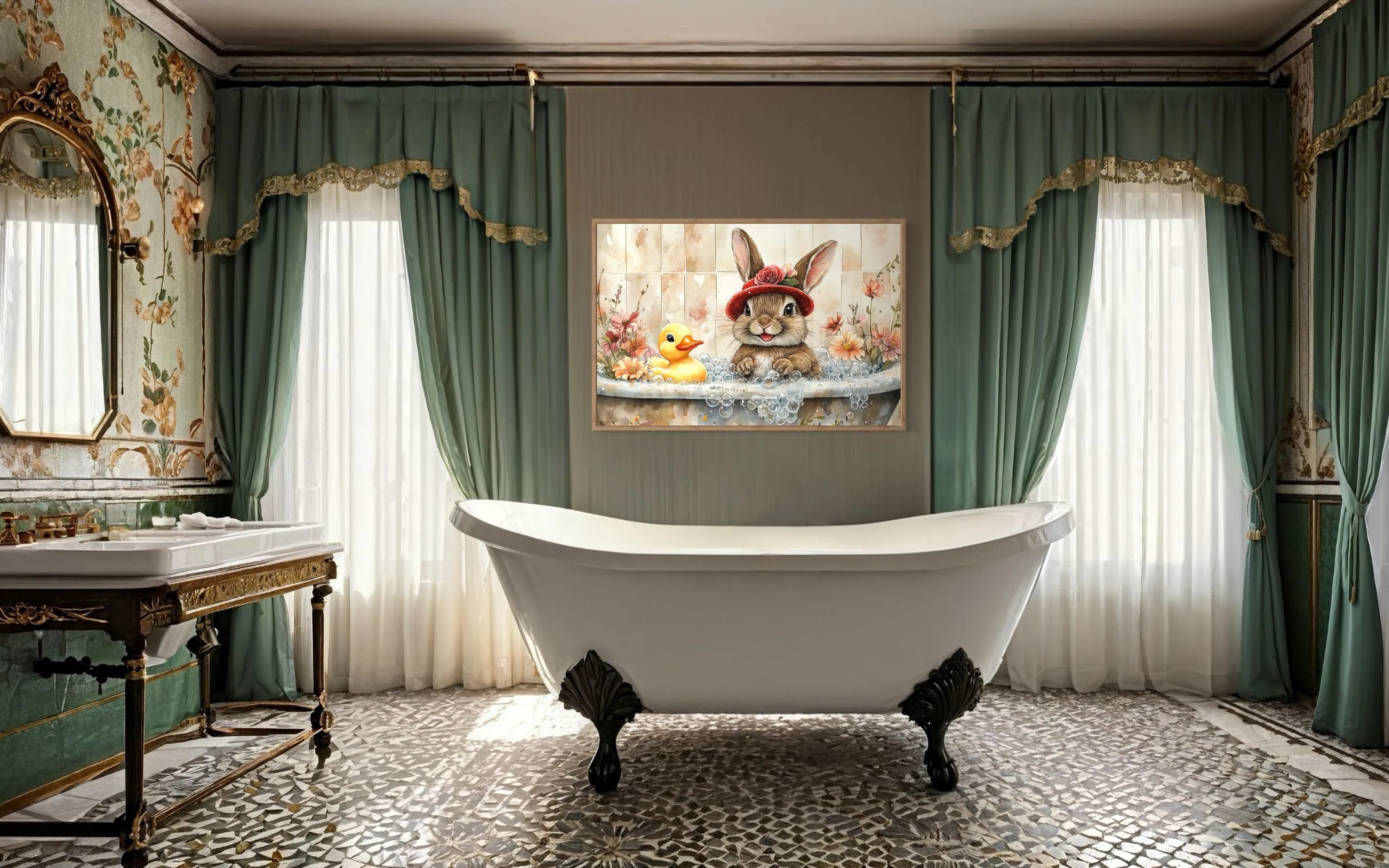 Bunny In Bathtub Framed Canvas Wall Art