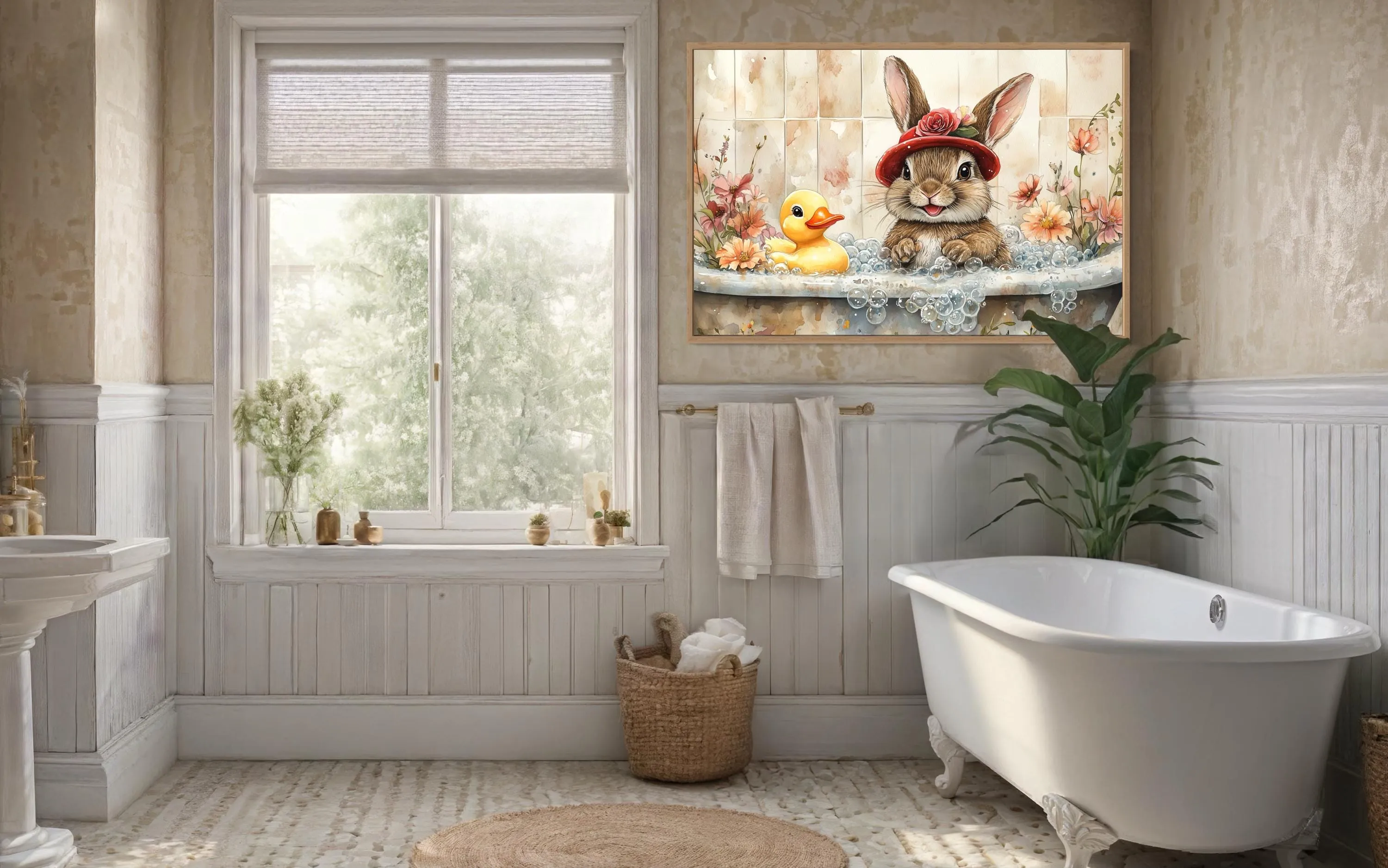 Bunny In Bathtub Framed Canvas Wall Art