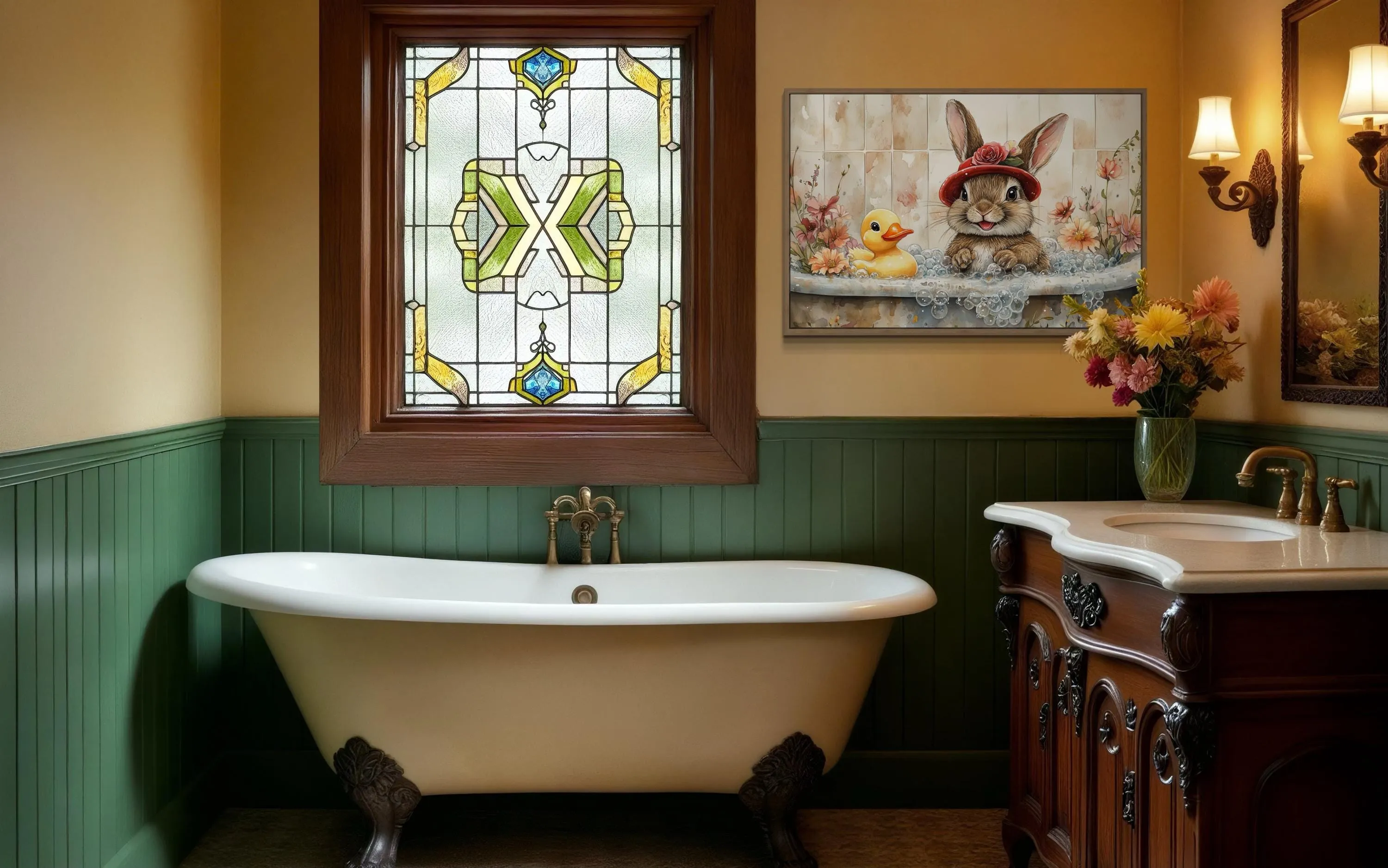 Bunny In Bathtub Framed Canvas Wall Art