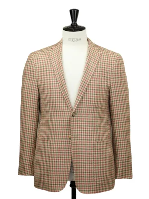 Caruso Coral Red Wool, Silk & Linen Gingham Check Jacket