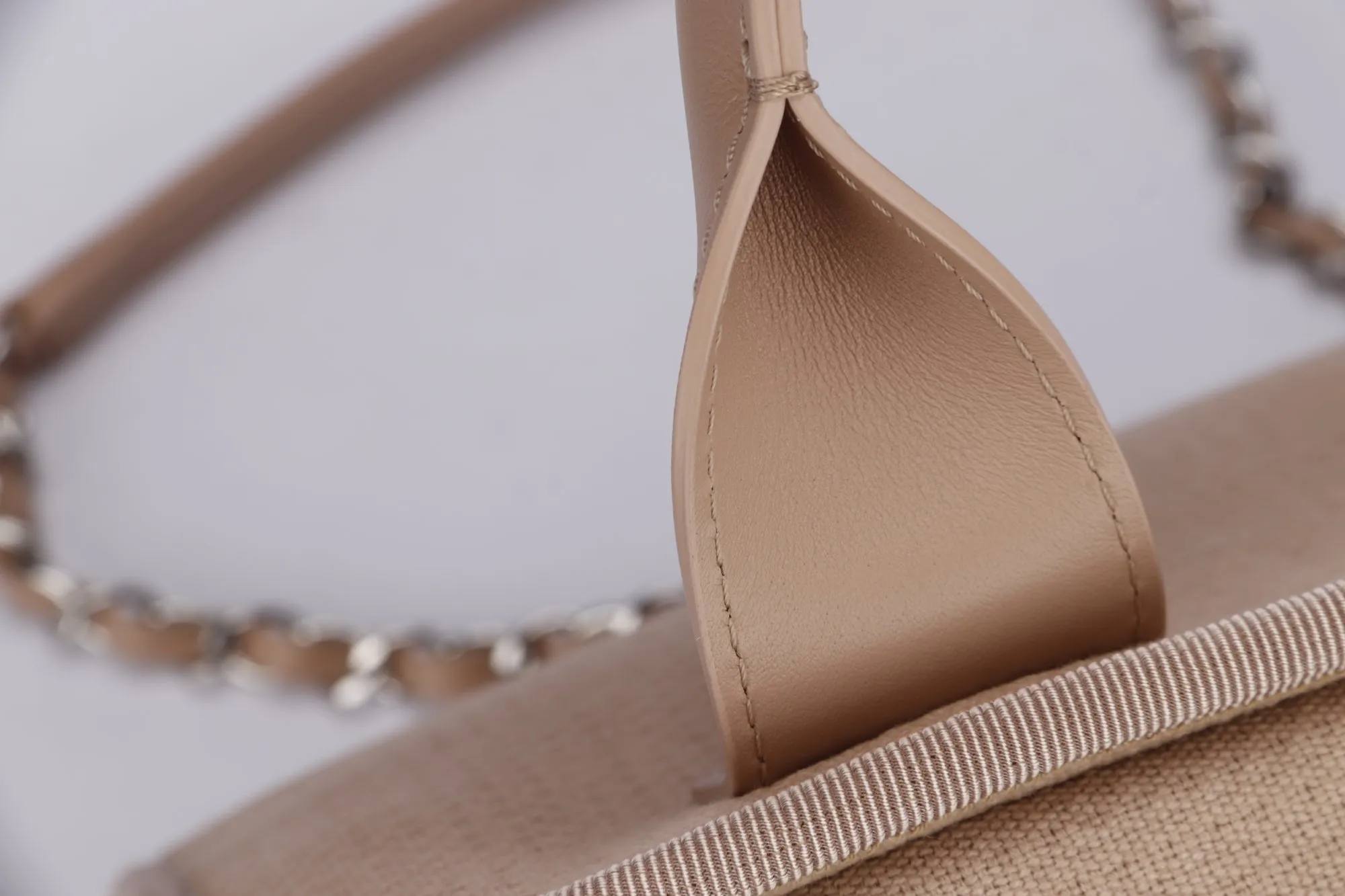 Chanel Deauville Boston (Microchip: G59Hxxxx) Canvas Light Brown, Silver Hardware, with Dust Cover & Box