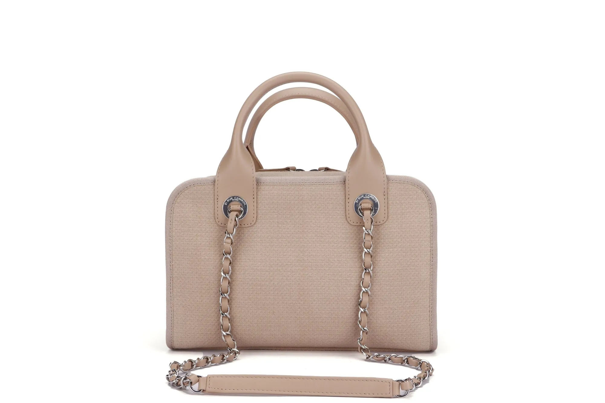 Chanel Deauville Boston (Microchip: G59Hxxxx) Canvas Light Brown, Silver Hardware, with Dust Cover & Box