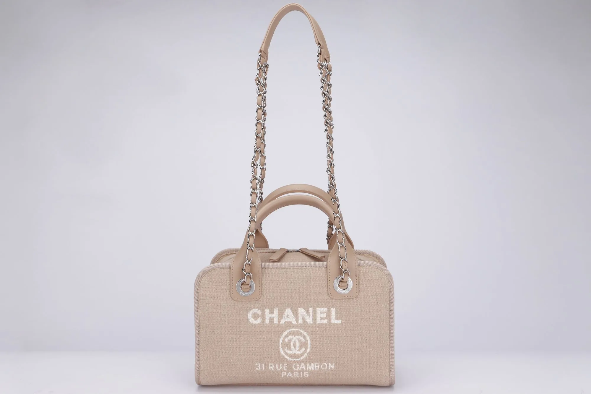 Chanel Deauville Boston (Microchip: G59Hxxxx) Canvas Light Brown, Silver Hardware, with Dust Cover & Box