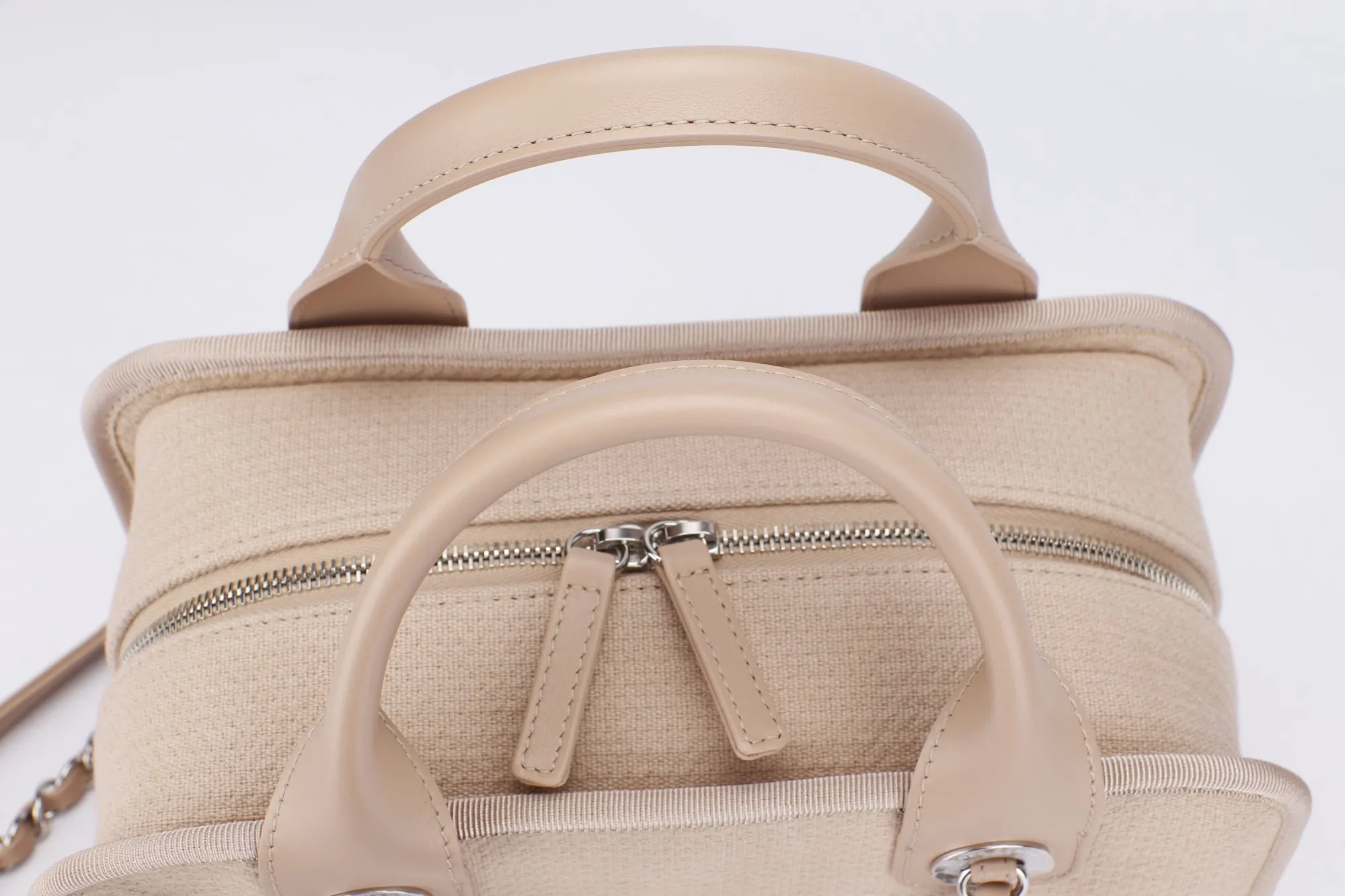 Chanel Deauville Boston (Microchip: G59Hxxxx) Canvas Light Brown, Silver Hardware, with Dust Cover & Box