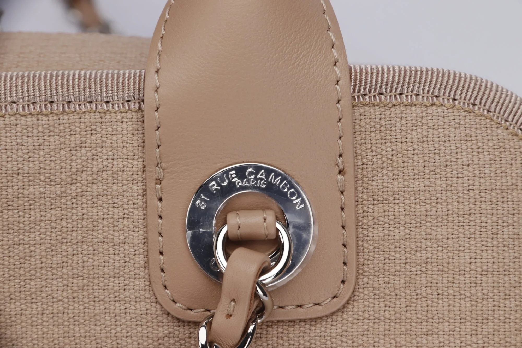 Chanel Deauville Boston (Microchip: G59Hxxxx) Canvas Light Brown, Silver Hardware, with Dust Cover & Box