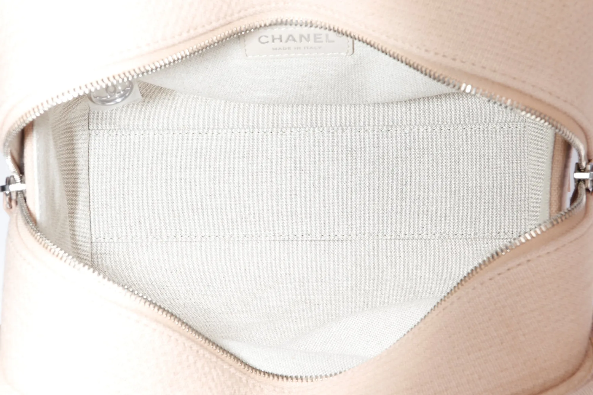Chanel Deauville Boston (Microchip: G59Hxxxx) Canvas Light Brown, Silver Hardware, with Dust Cover & Box