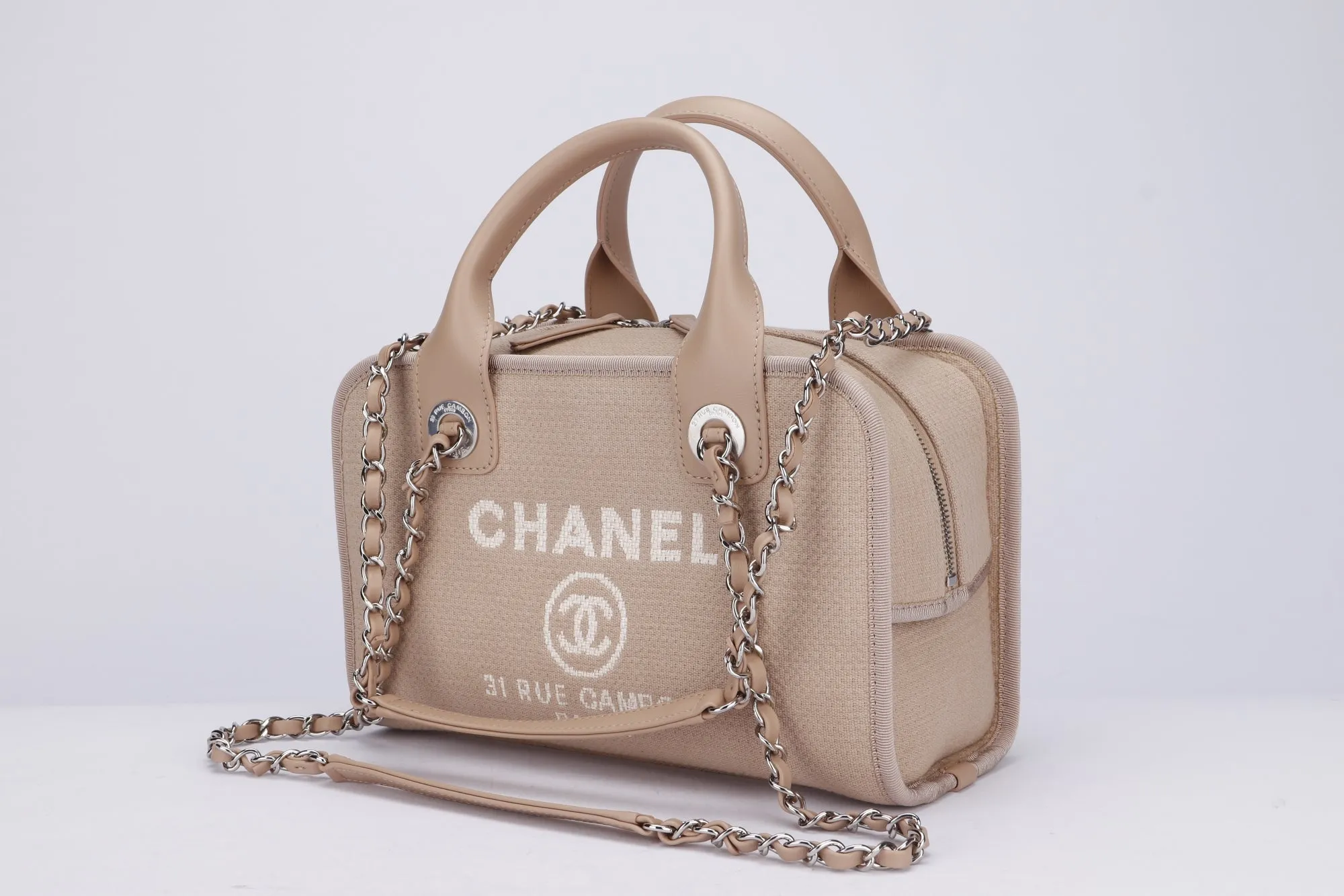 Chanel Deauville Boston (Microchip: G59Hxxxx) Canvas Light Brown, Silver Hardware, with Dust Cover & Box
