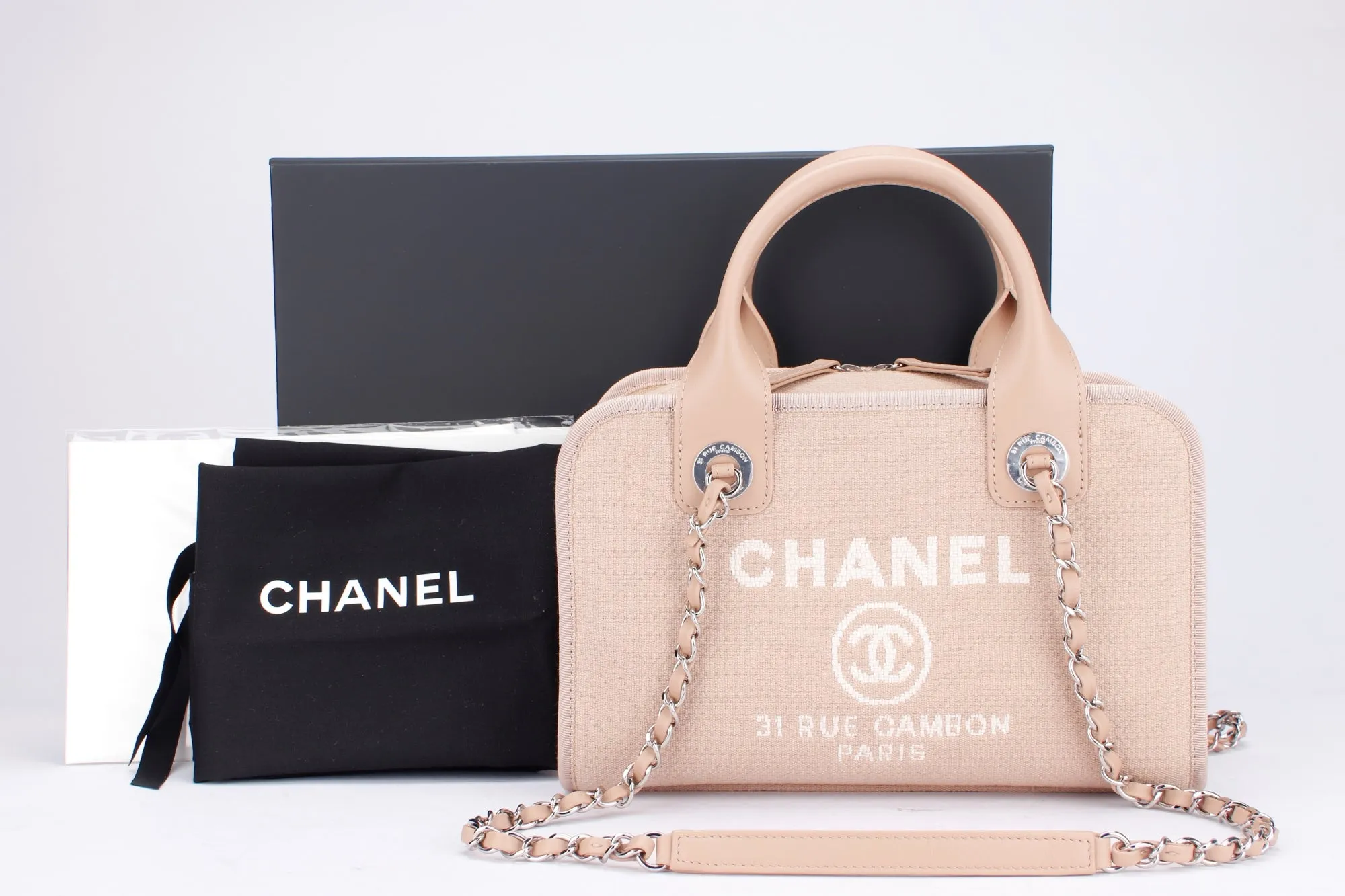 Chanel Deauville Boston (Microchip: G59Hxxxx) Canvas Light Brown, Silver Hardware, with Dust Cover & Box