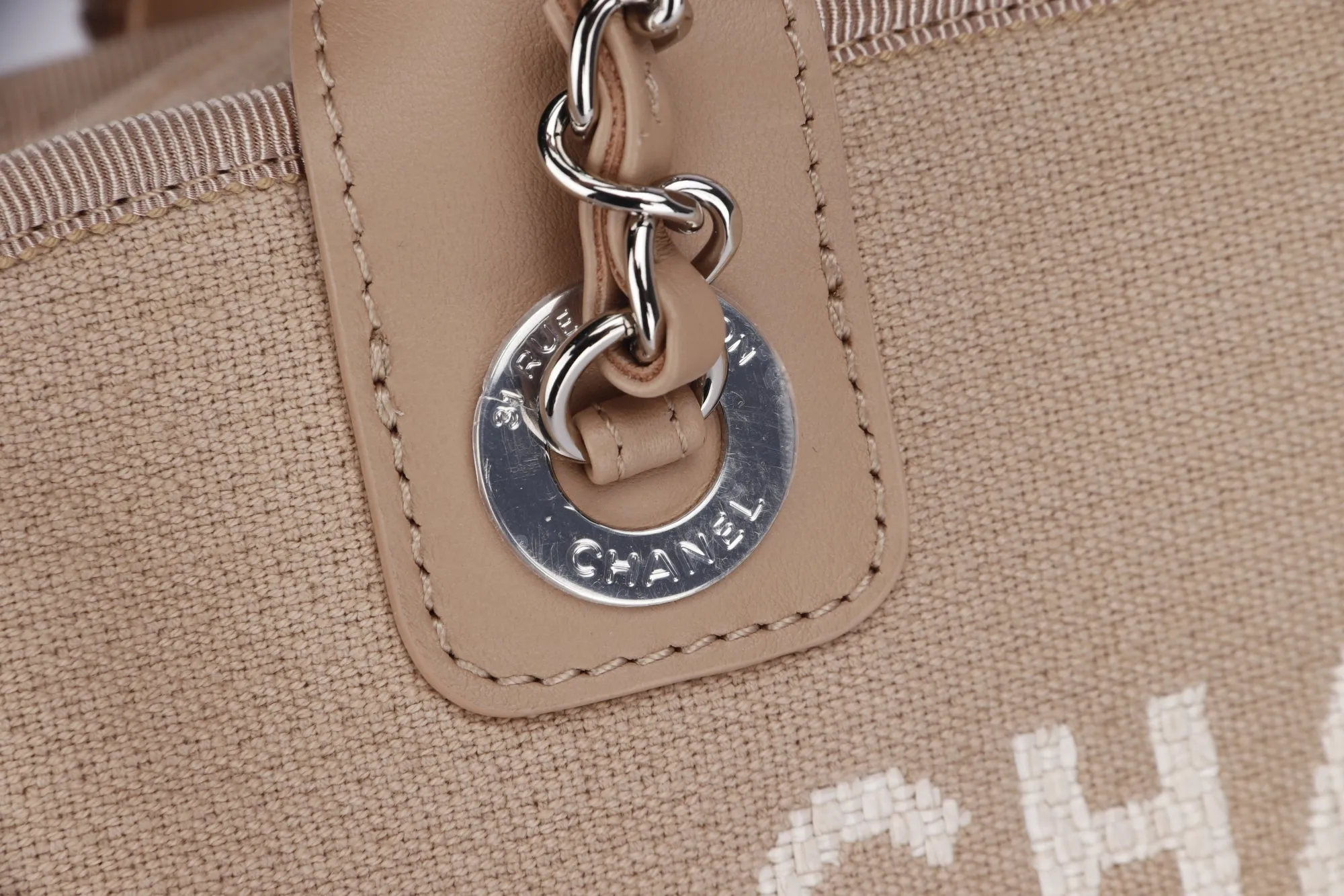 Chanel Deauville Boston (Microchip: G59Hxxxx) Canvas Light Brown, Silver Hardware, with Dust Cover & Box