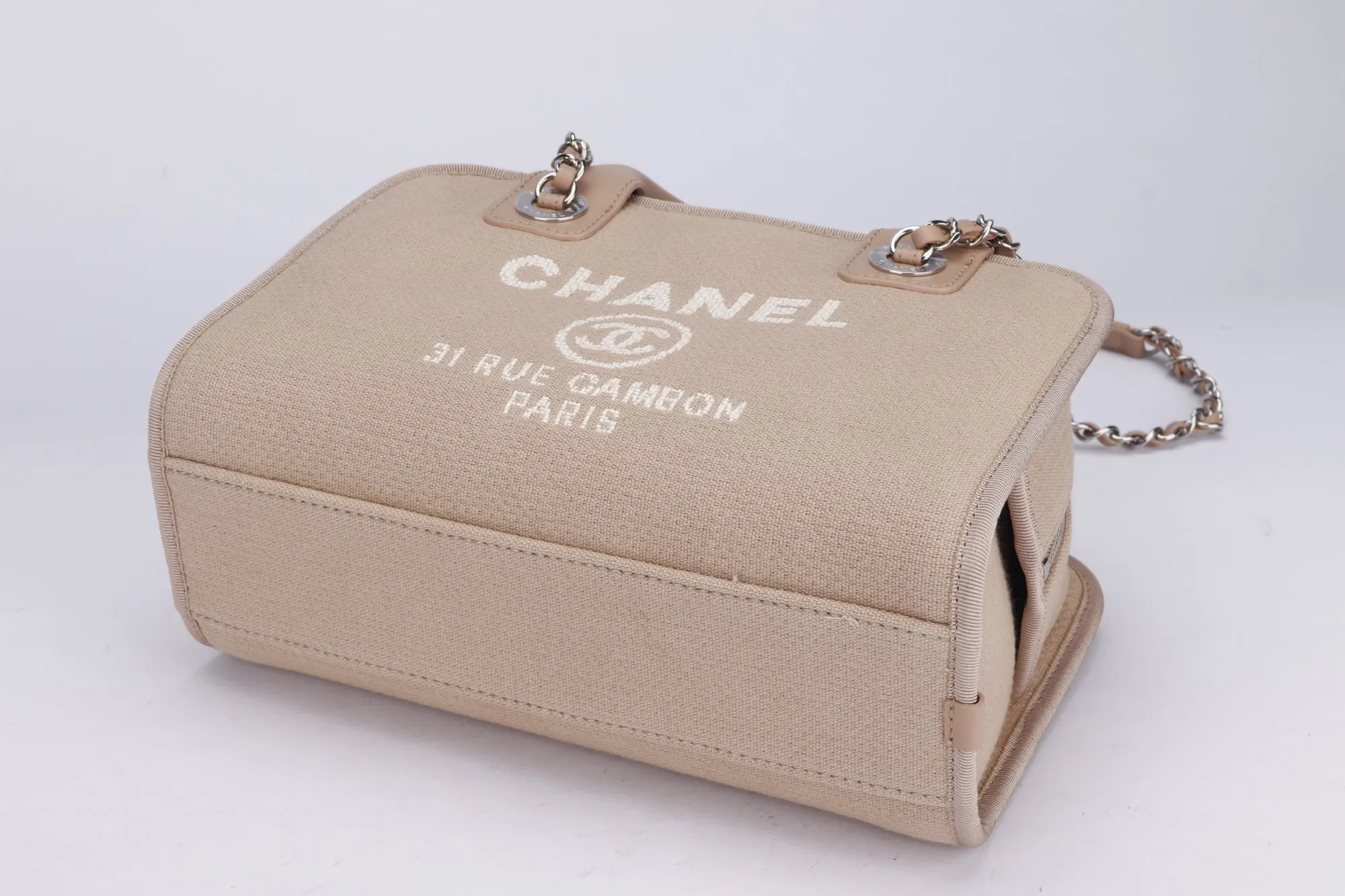 Chanel Deauville Boston (Microchip: G59Hxxxx) Canvas Light Brown, Silver Hardware, with Dust Cover & Box