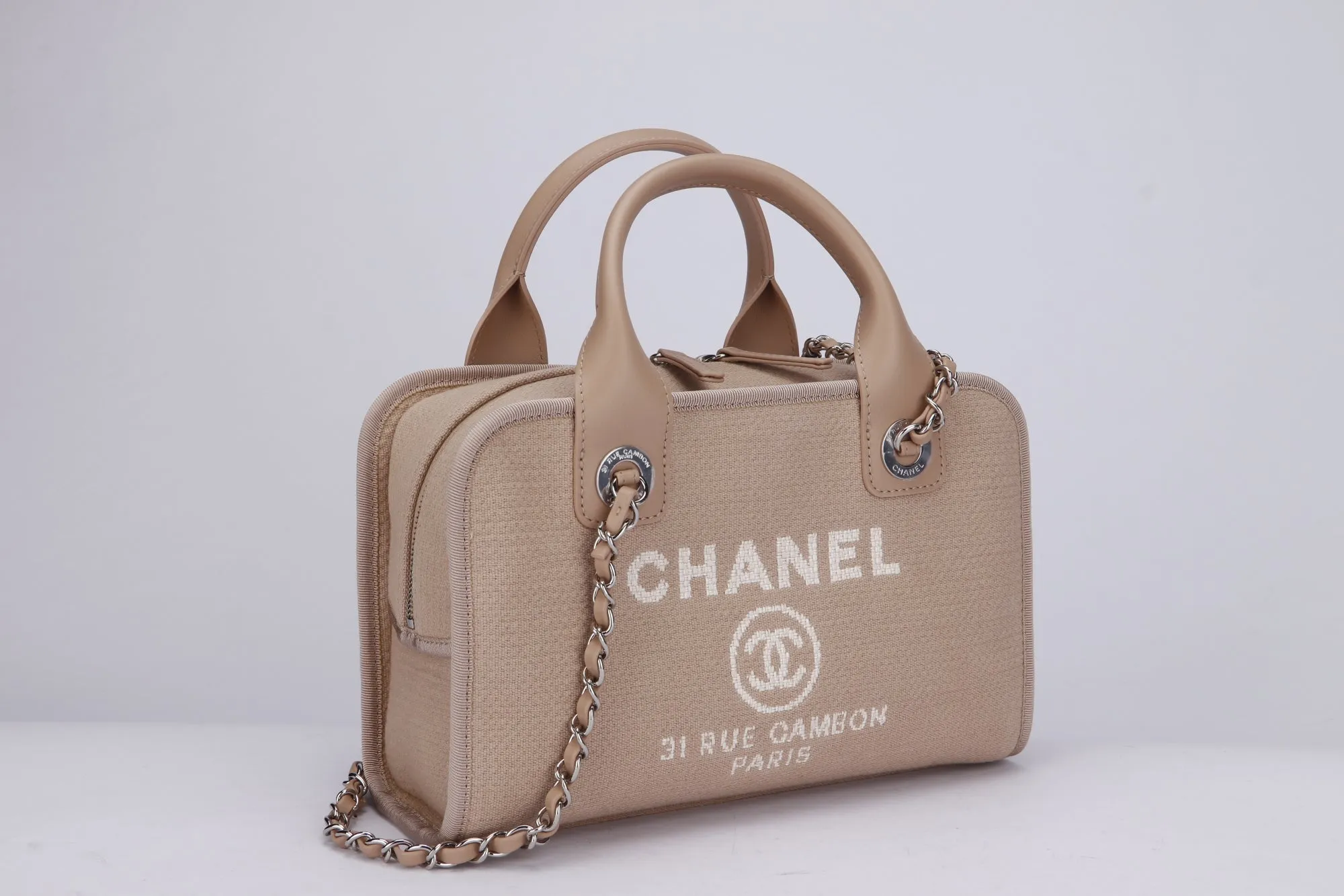 Chanel Deauville Boston (Microchip: G59Hxxxx) Canvas Light Brown, Silver Hardware, with Dust Cover & Box