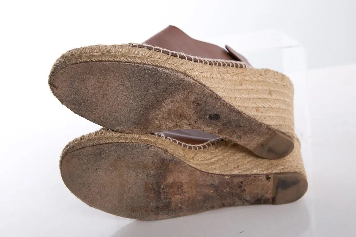 Céline Brown Leather Espadrilles Wedges SZ 38
