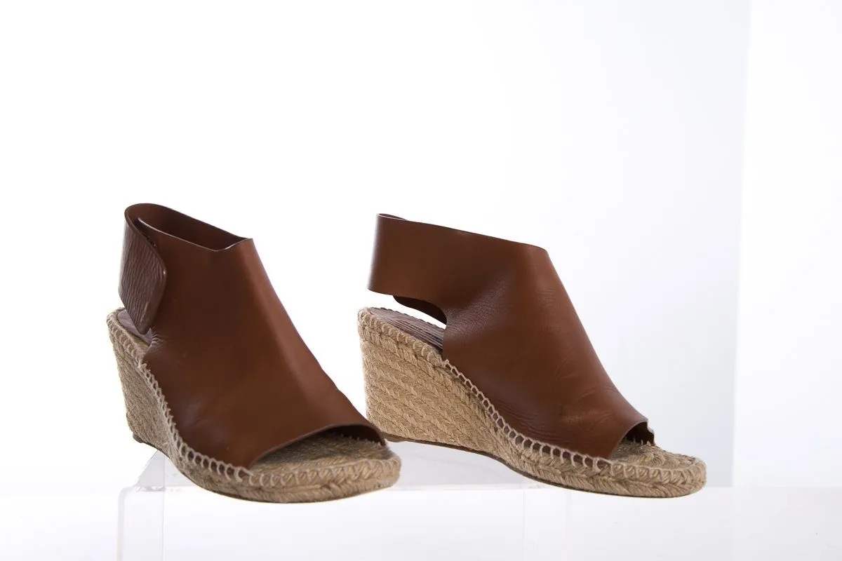 Céline Brown Leather Espadrilles Wedges SZ 38