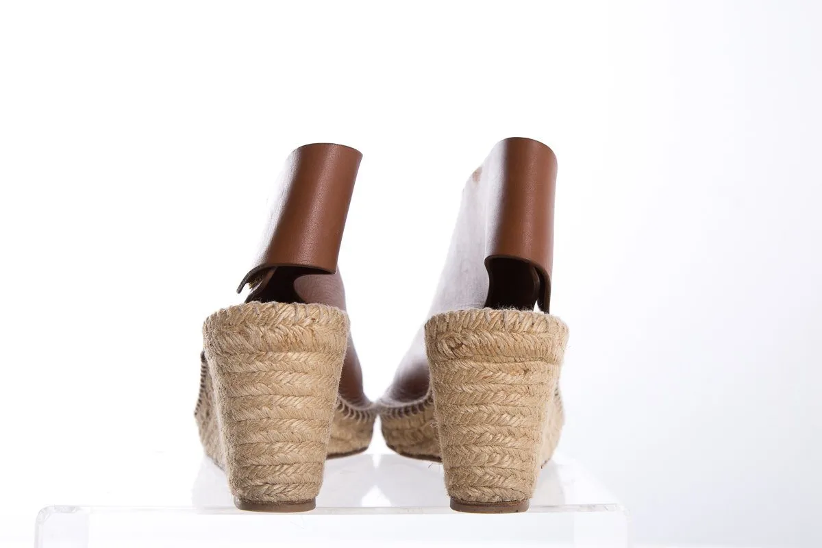 Céline Brown Leather Espadrilles Wedges SZ 38