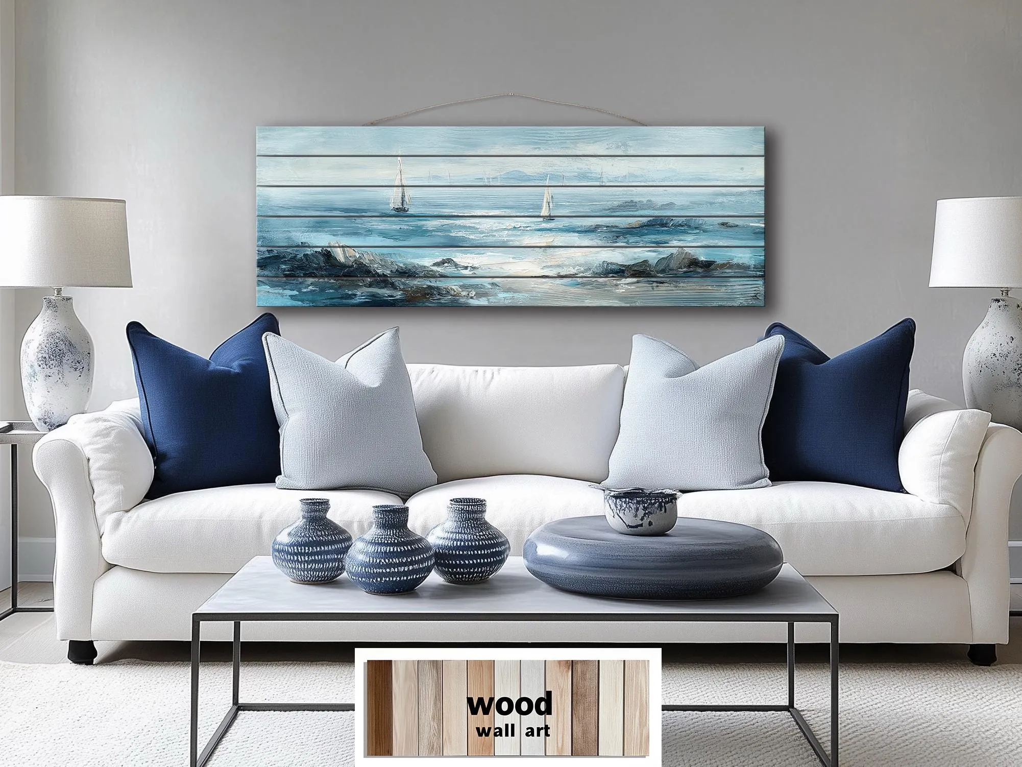 Coastal Sailing Boats Seascape Distressed Wood Wall Art