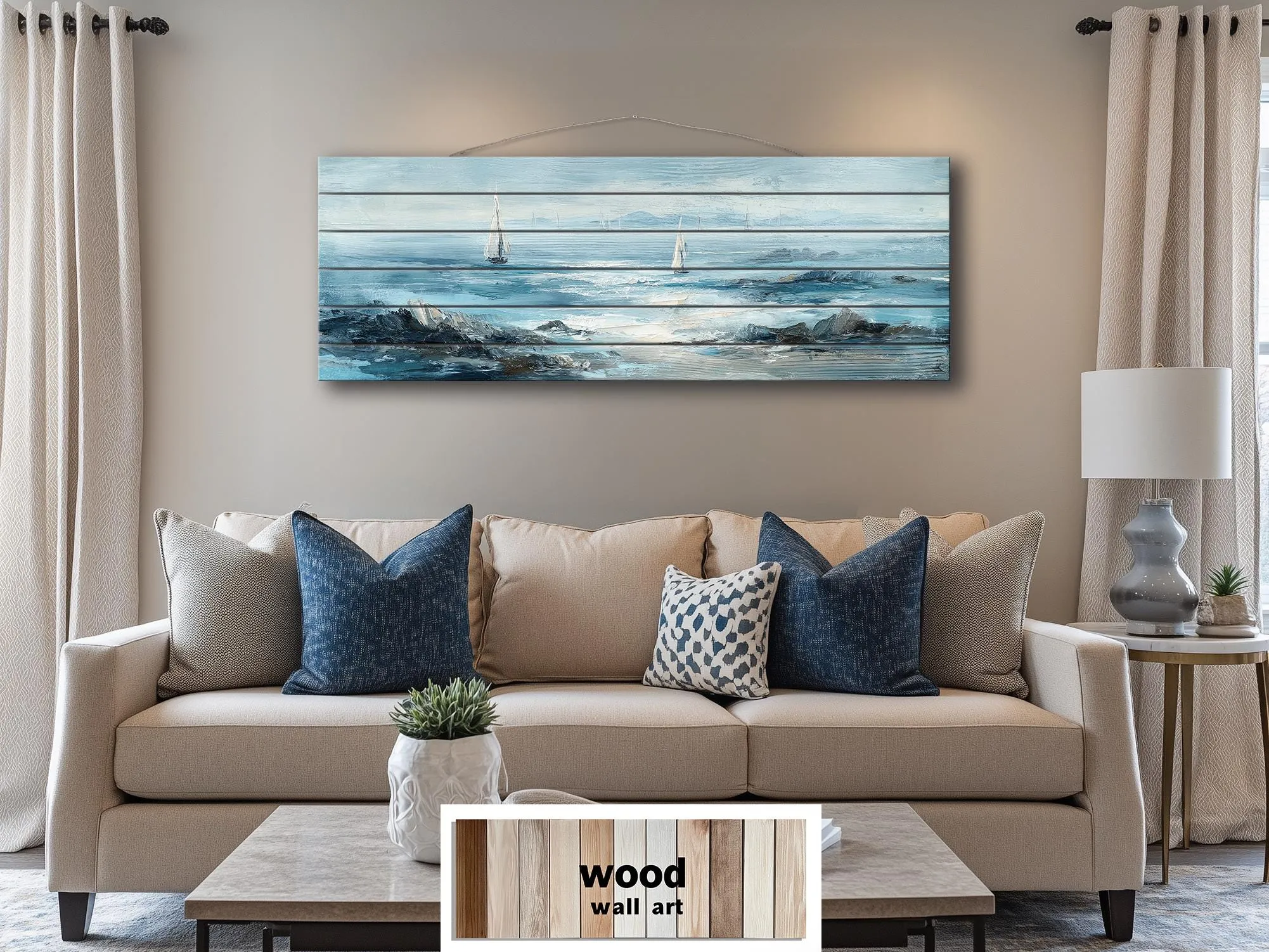 Coastal Sailing Boats Seascape Distressed Wood Wall Art