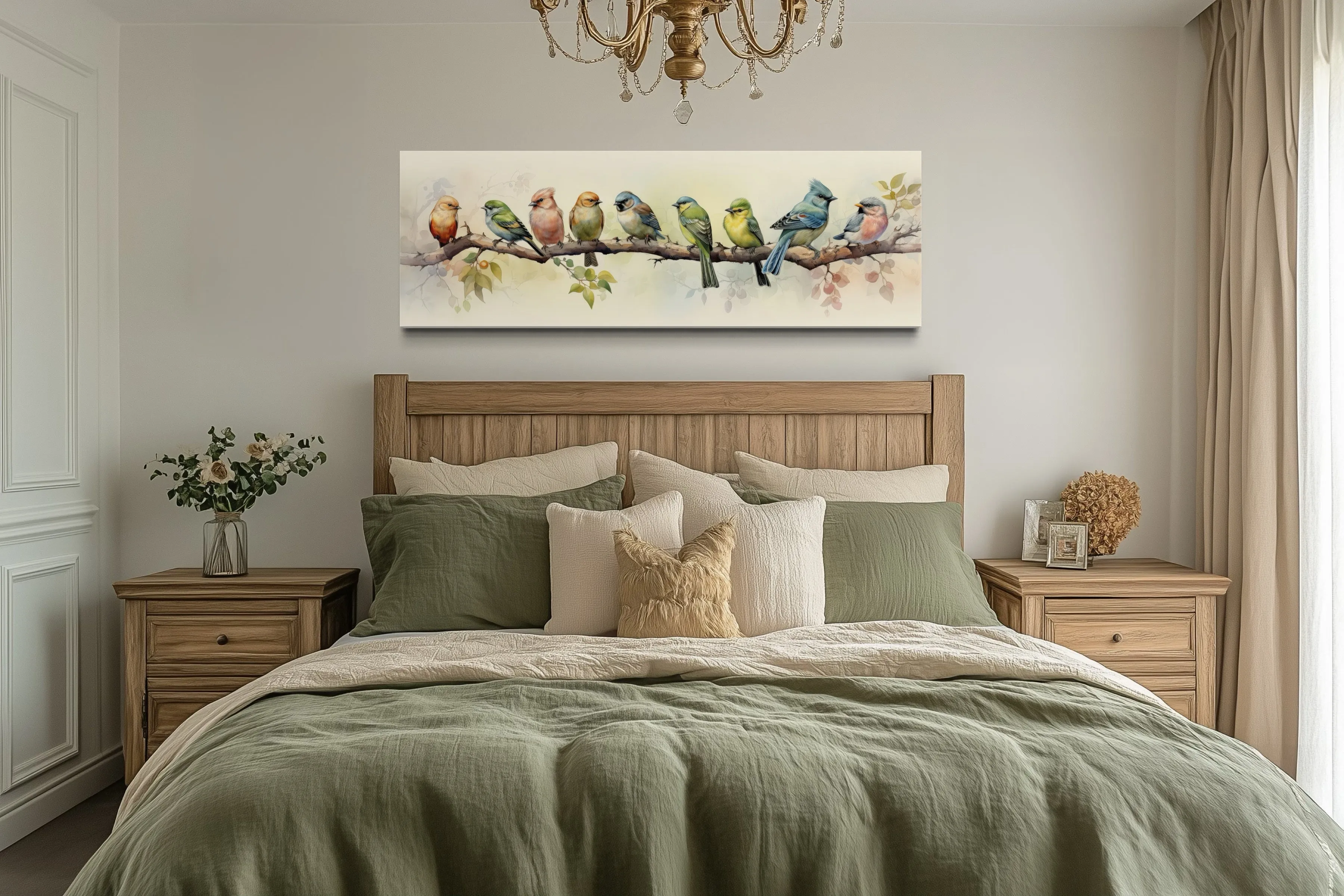 Colorful Birds On a Branch Horizontal Framed Canvas Wall Art