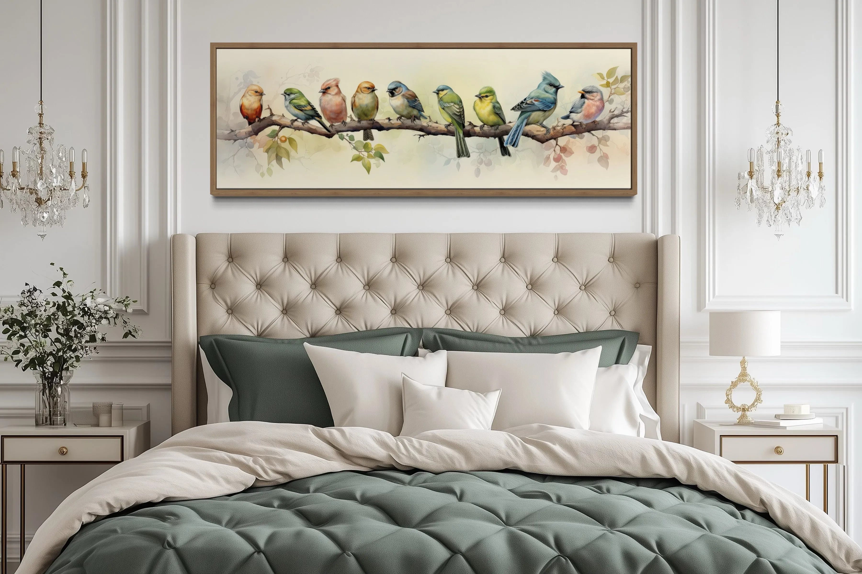 Colorful Birds On a Branch Horizontal Framed Canvas Wall Art