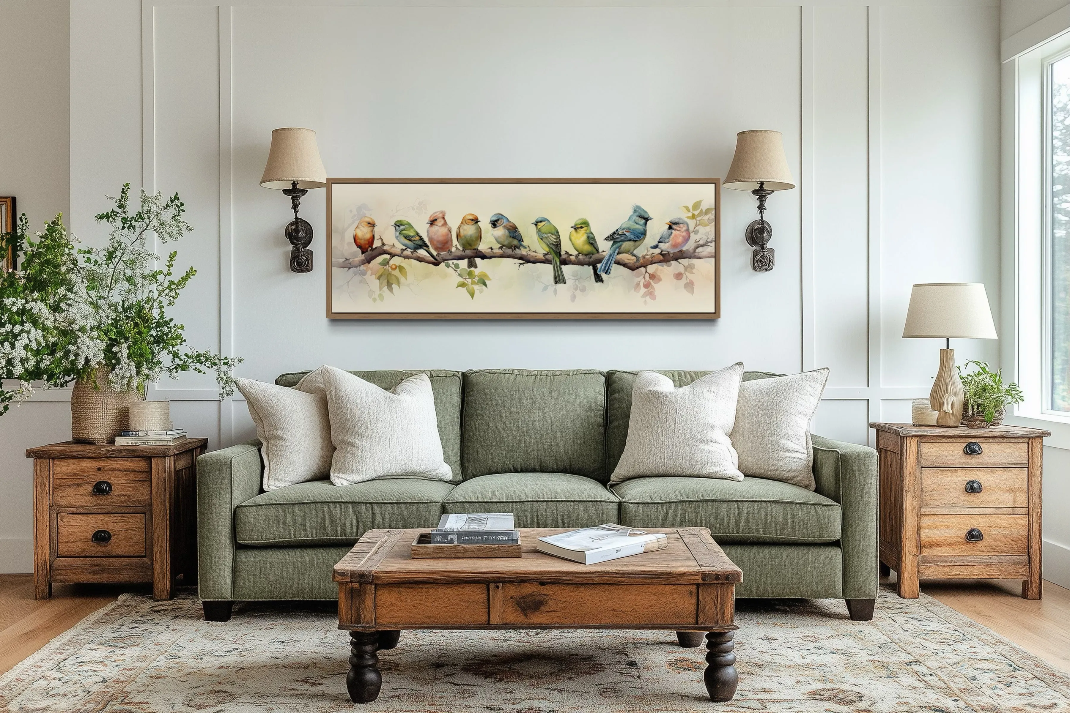 Colorful Birds On a Branch Horizontal Framed Canvas Wall Art
