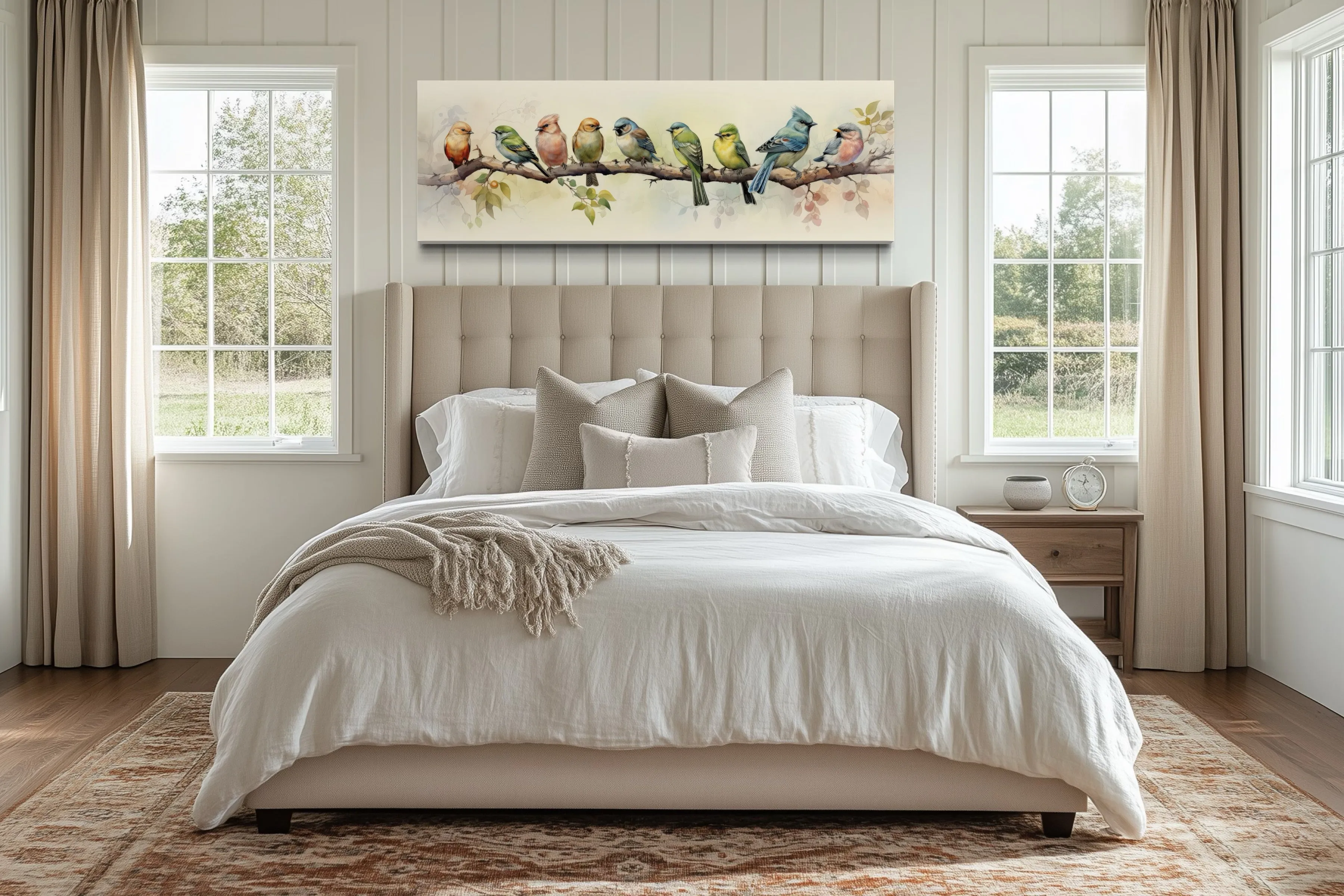 Colorful Birds On a Branch Horizontal Framed Canvas Wall Art