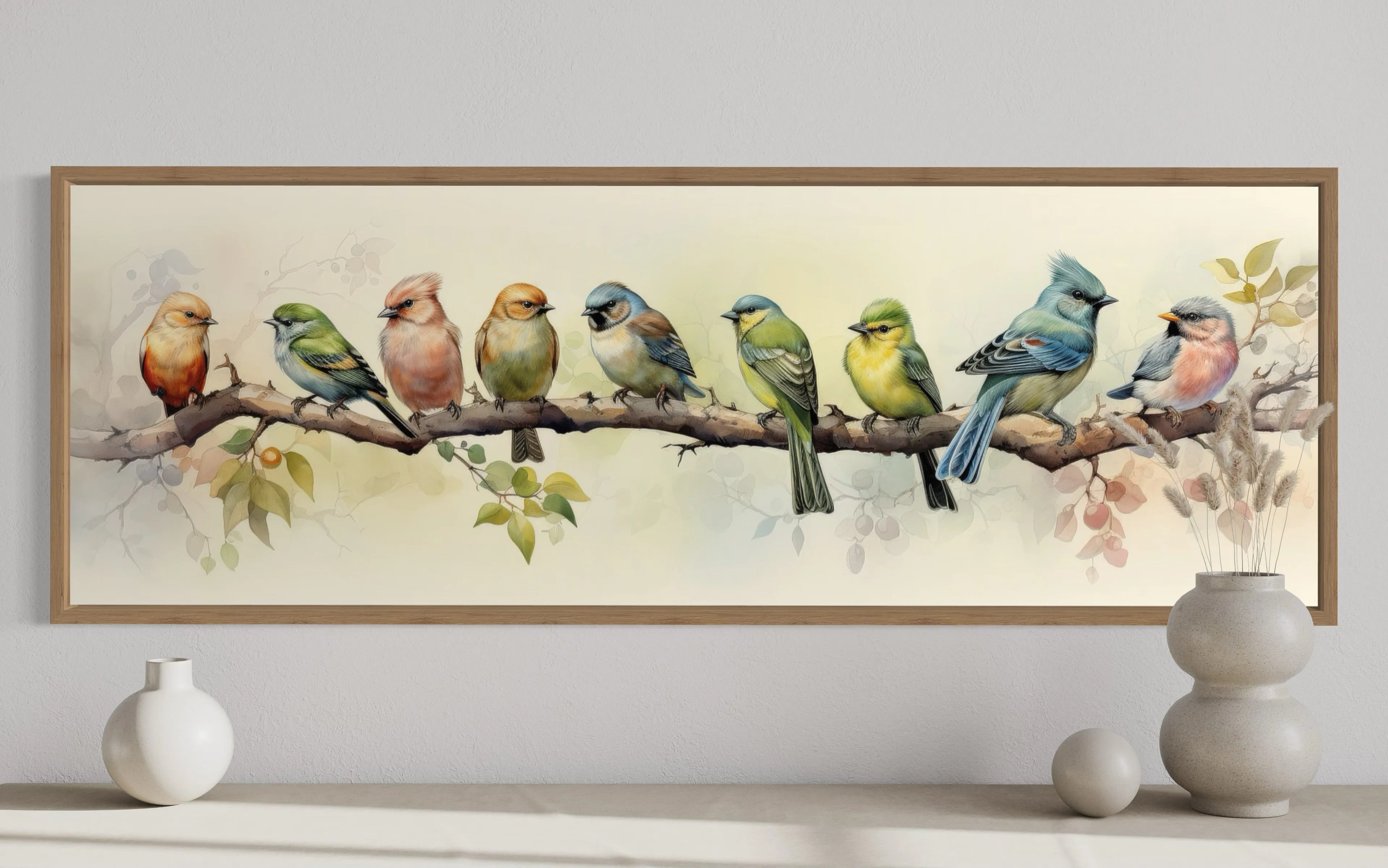 Colorful Birds On a Branch Horizontal Framed Canvas Wall Art