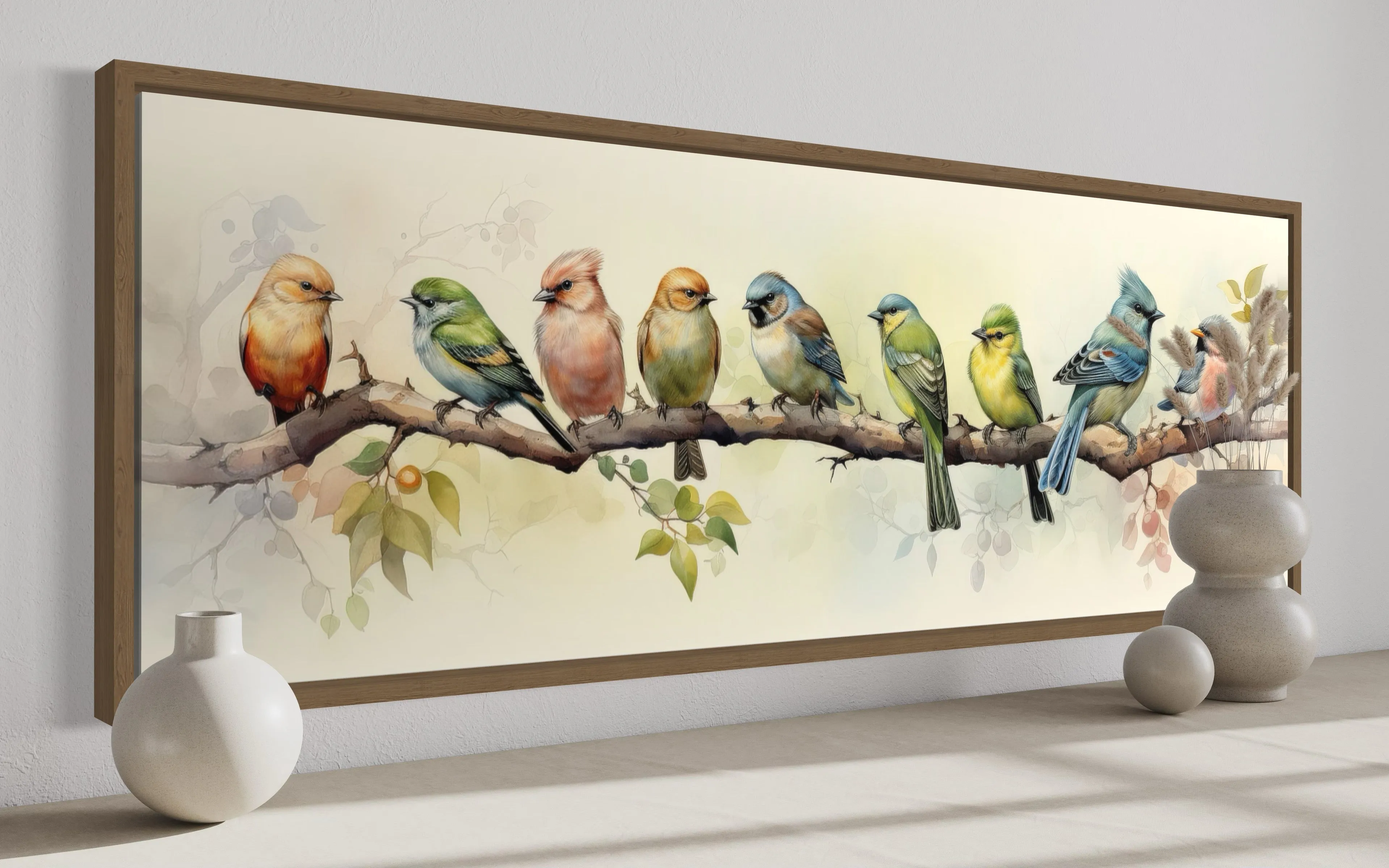 Colorful Birds On a Branch Horizontal Framed Canvas Wall Art